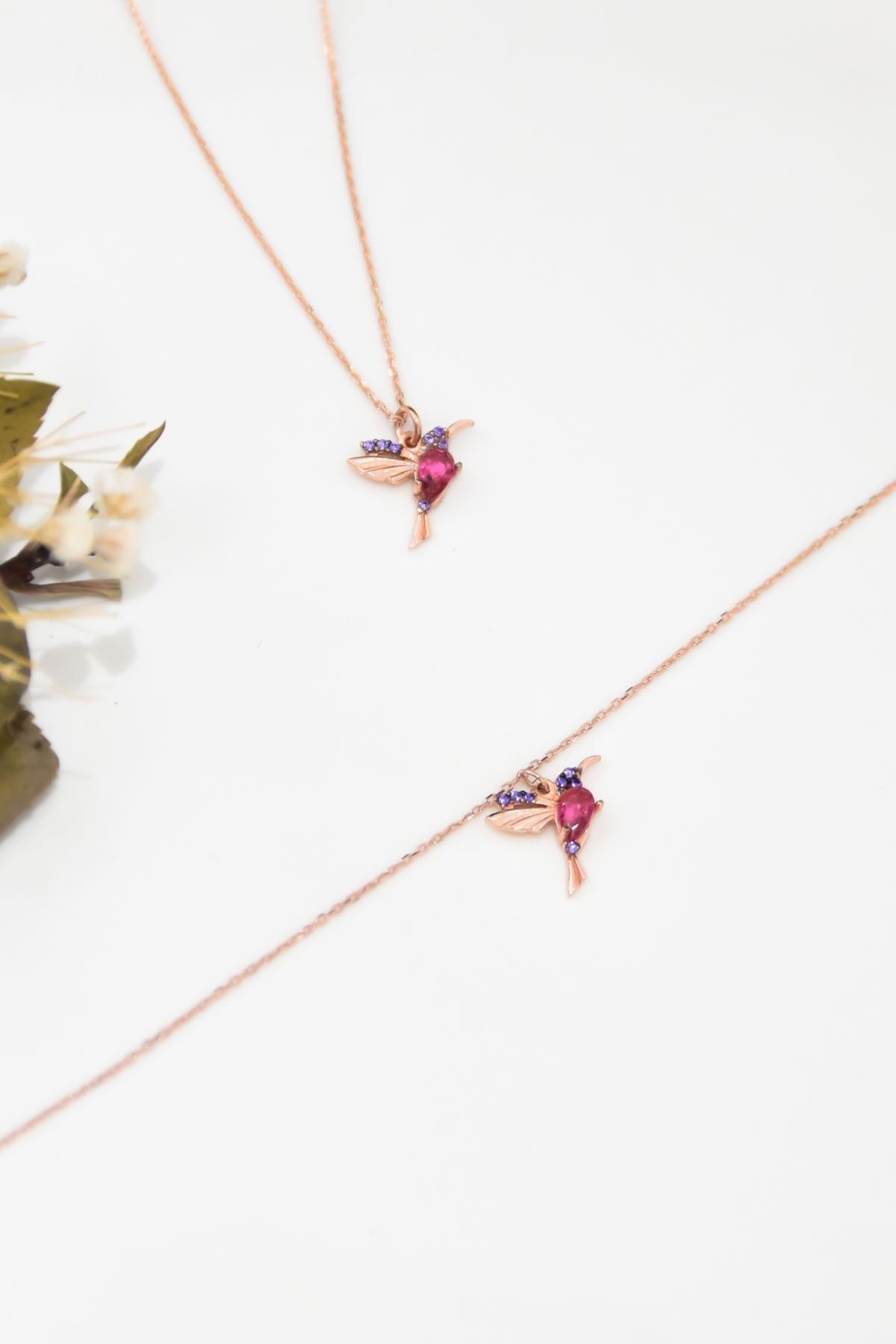 925 Ayar Gümüş Rose Kaplama Taşlı Kuş Kolye Bileklik Set