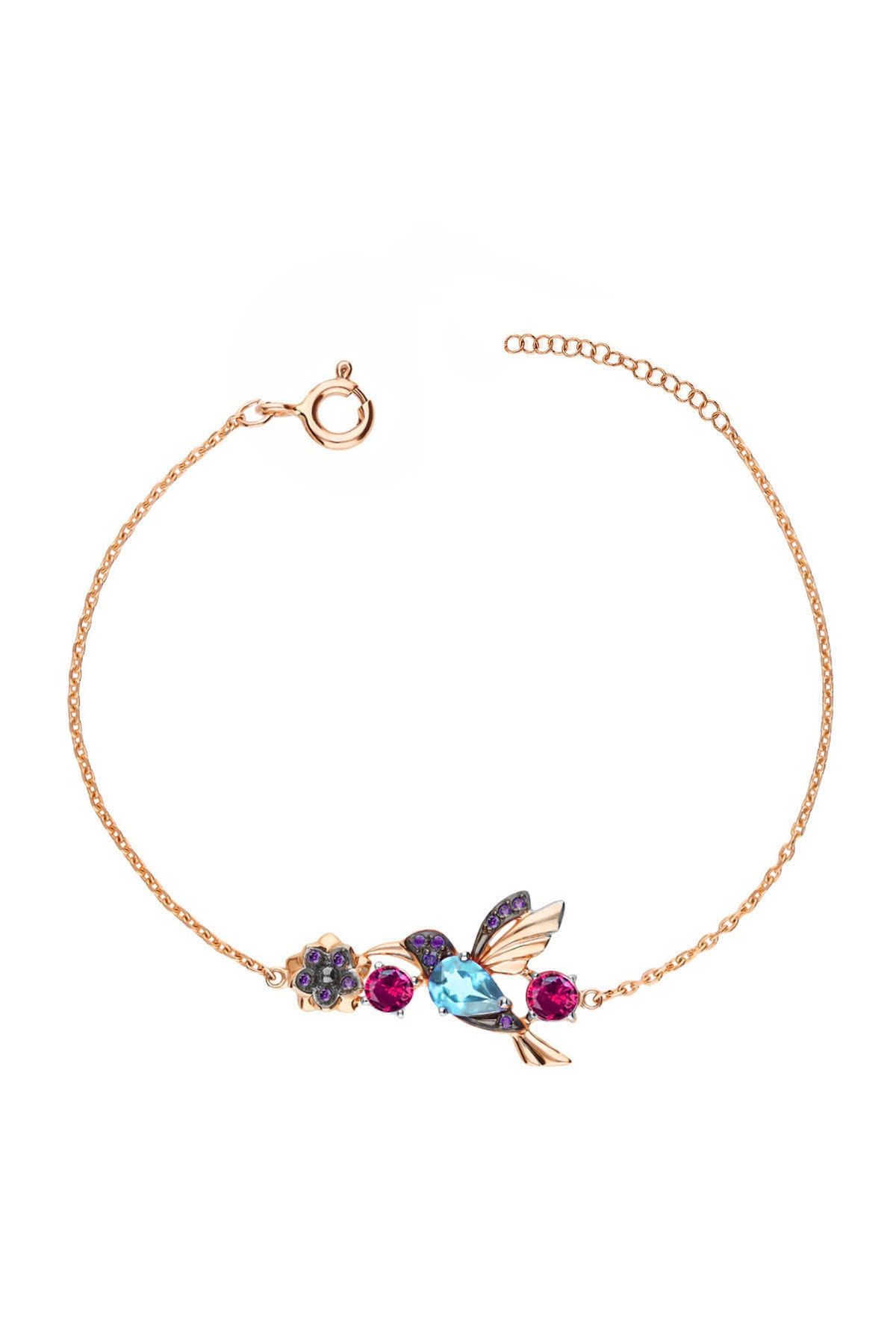 925 Ayar Gümüş Rose Kaplama Taşlı Sevgi Kuşu Bileklik