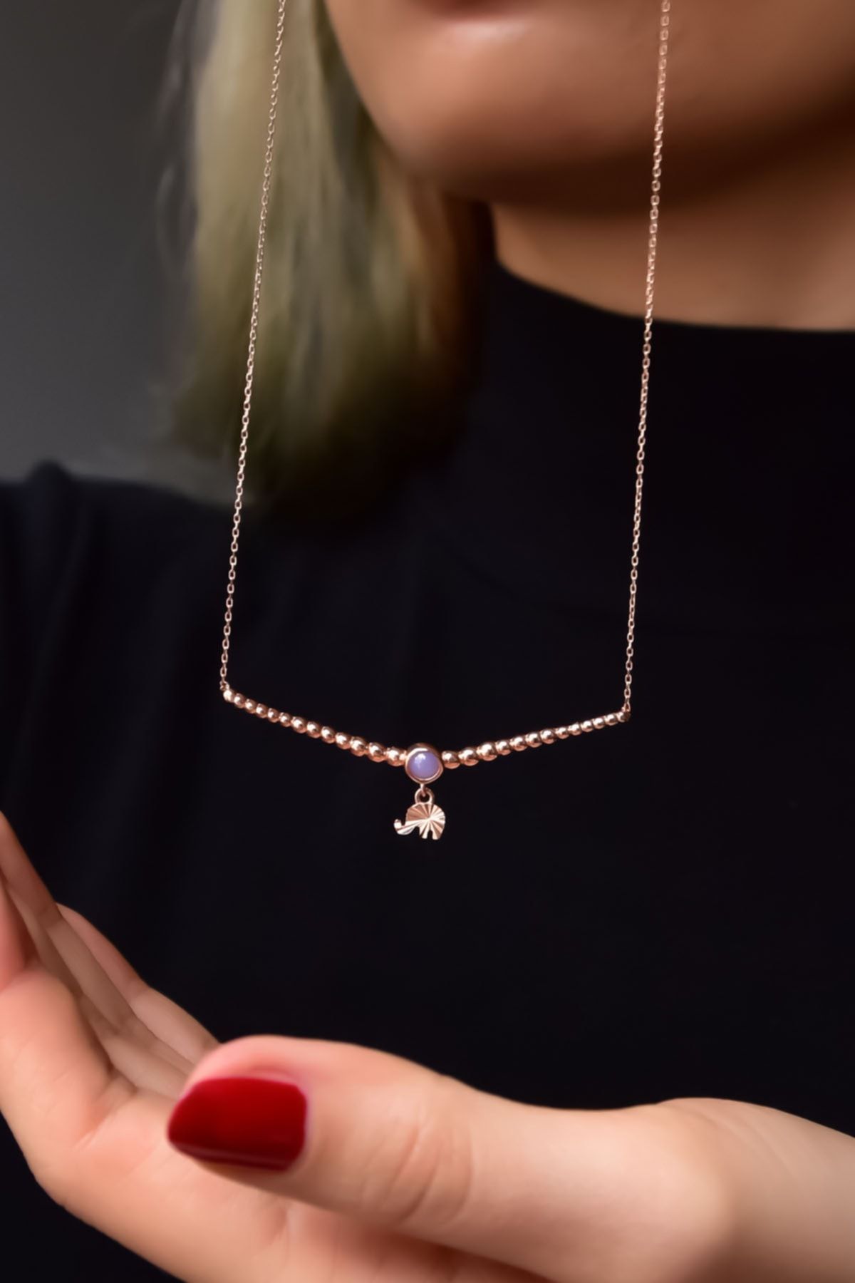 925 Ayar Gümüş Rose Kaplama Top Motifli Lila Ay Taşı Fil Kolye