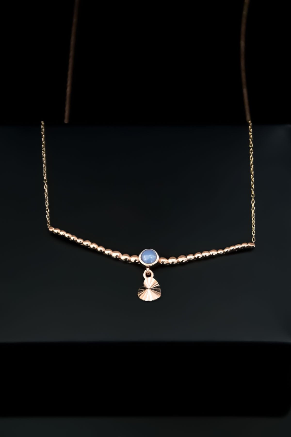 925 Ayar Gümüş Rose Kaplama Top Motifli Lila Ay Taşı Kalp Kolye