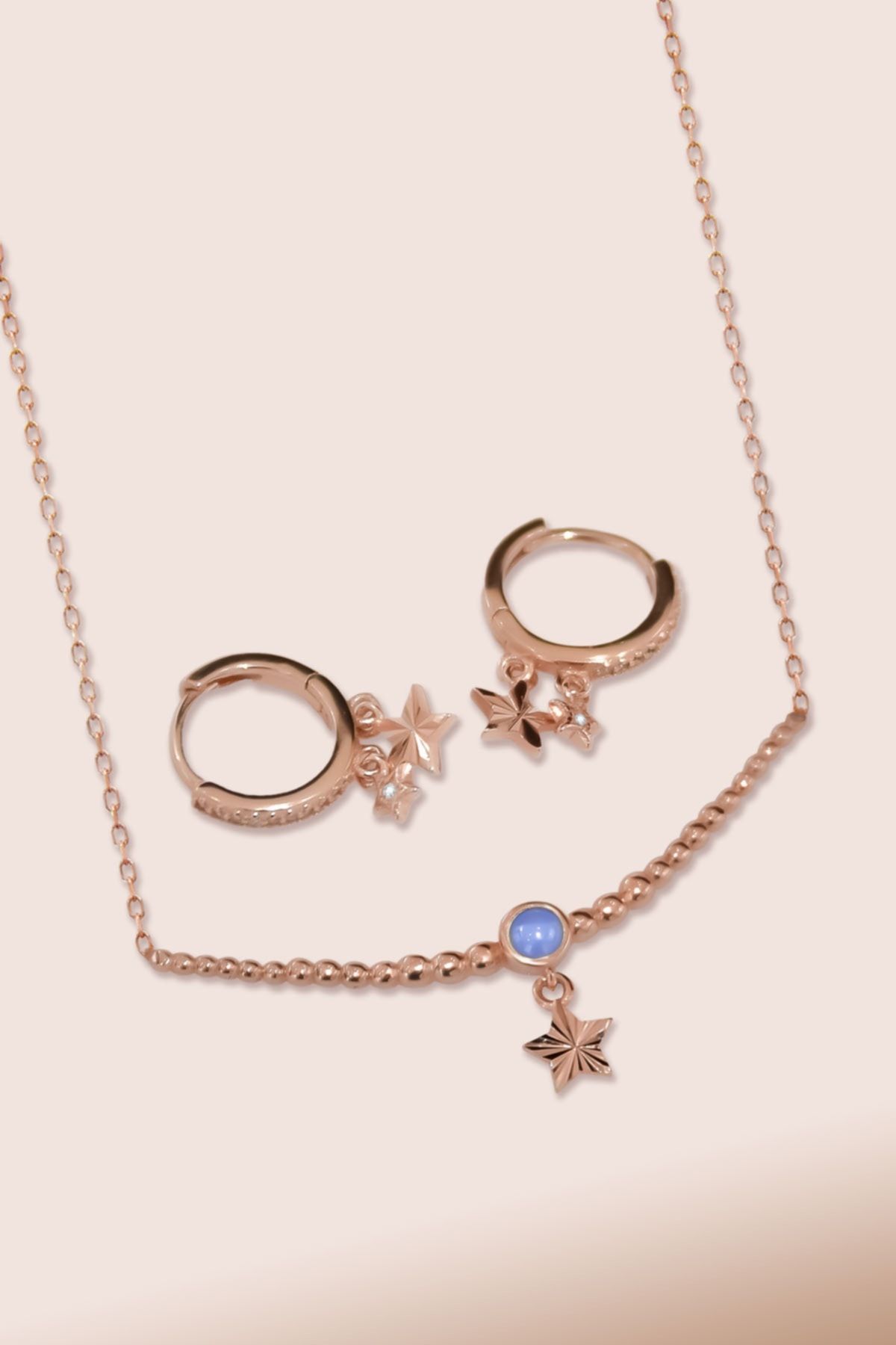 925 Ayar Gümüş Rose Kaplama Top Motifli Lila Ay Taşı Yıldız Kolye Ve Küpe Set