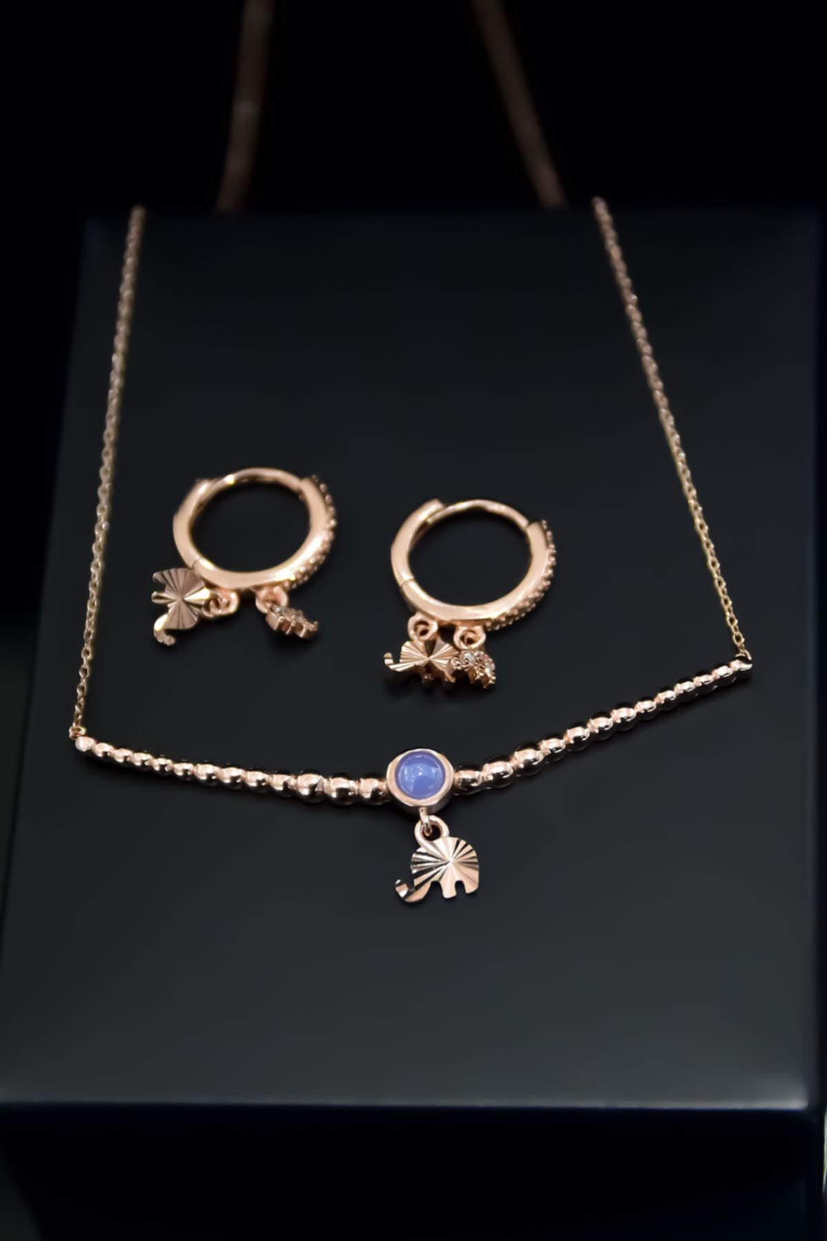 925 Ayar Gümüş Rose Kaplama Top Motifli Mor Ay Taşı Fil Kolye Ve Küpe Set