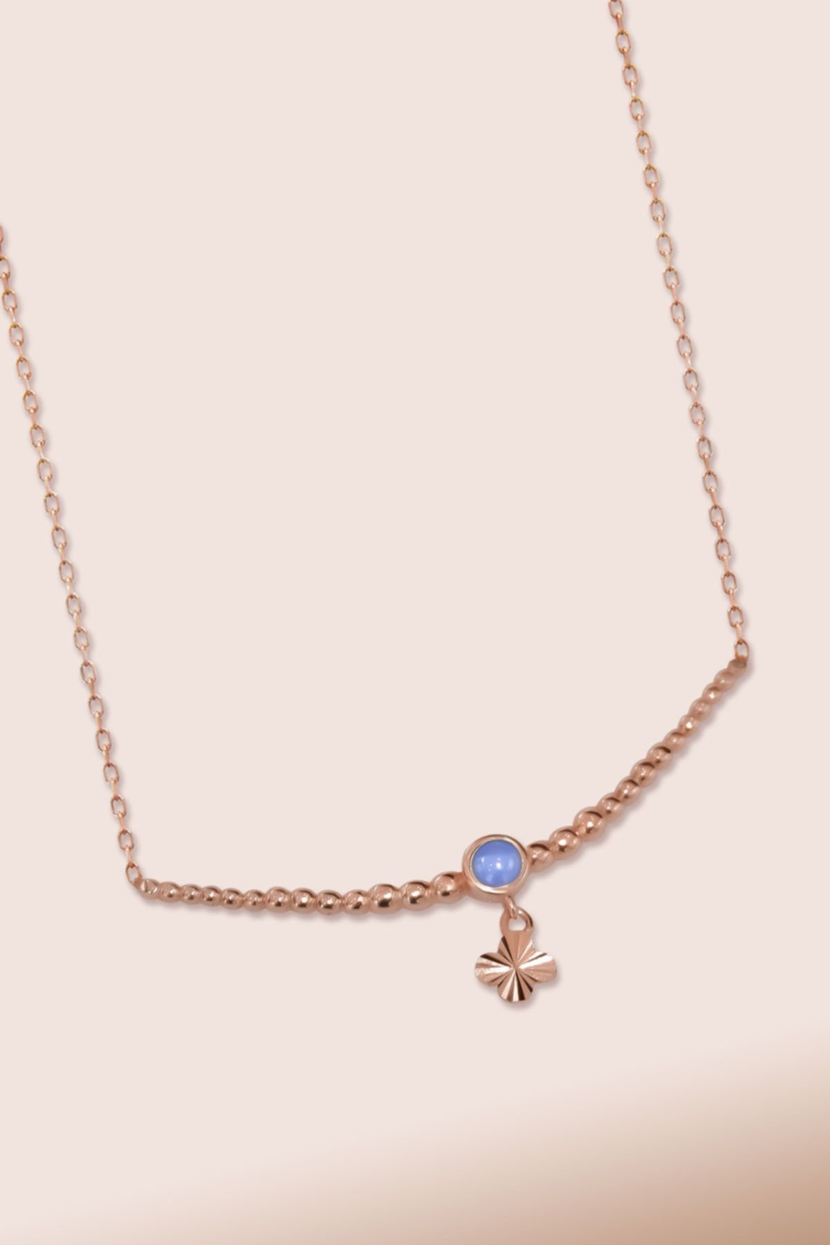 925 Ayar Gümüş Rose Kaplama Top Motifli Mor Ay Taşı Yonca Kolye