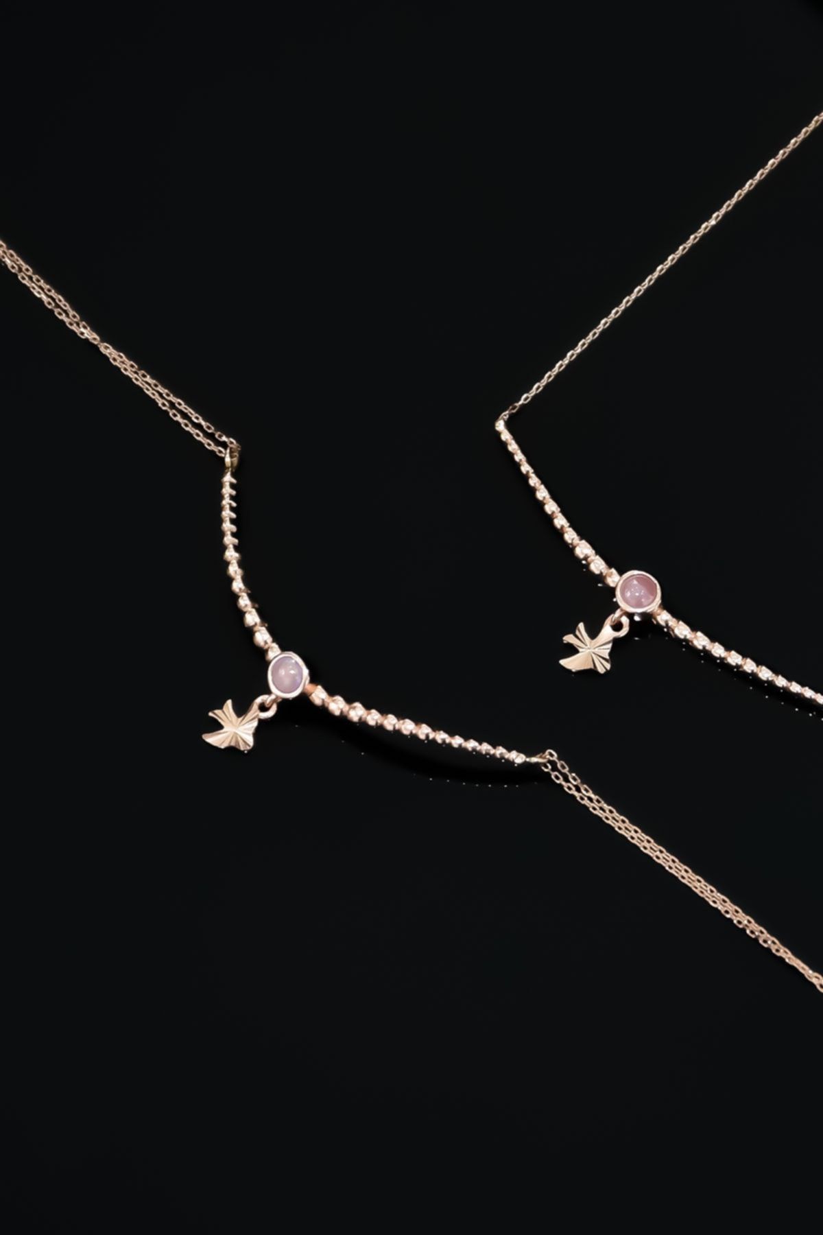 925 Ayar Gümüş Rose Kaplama Top Motifli Pembe Ay Taşı Kırlangıç Kolye Ve Bileklik Set