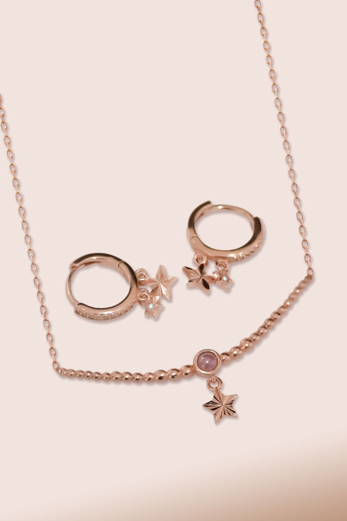925 Ayar Gümüş Rose Kaplama Top Motifli Pembe Ay Taşı Yıldız Kolye Ve Küpe Set