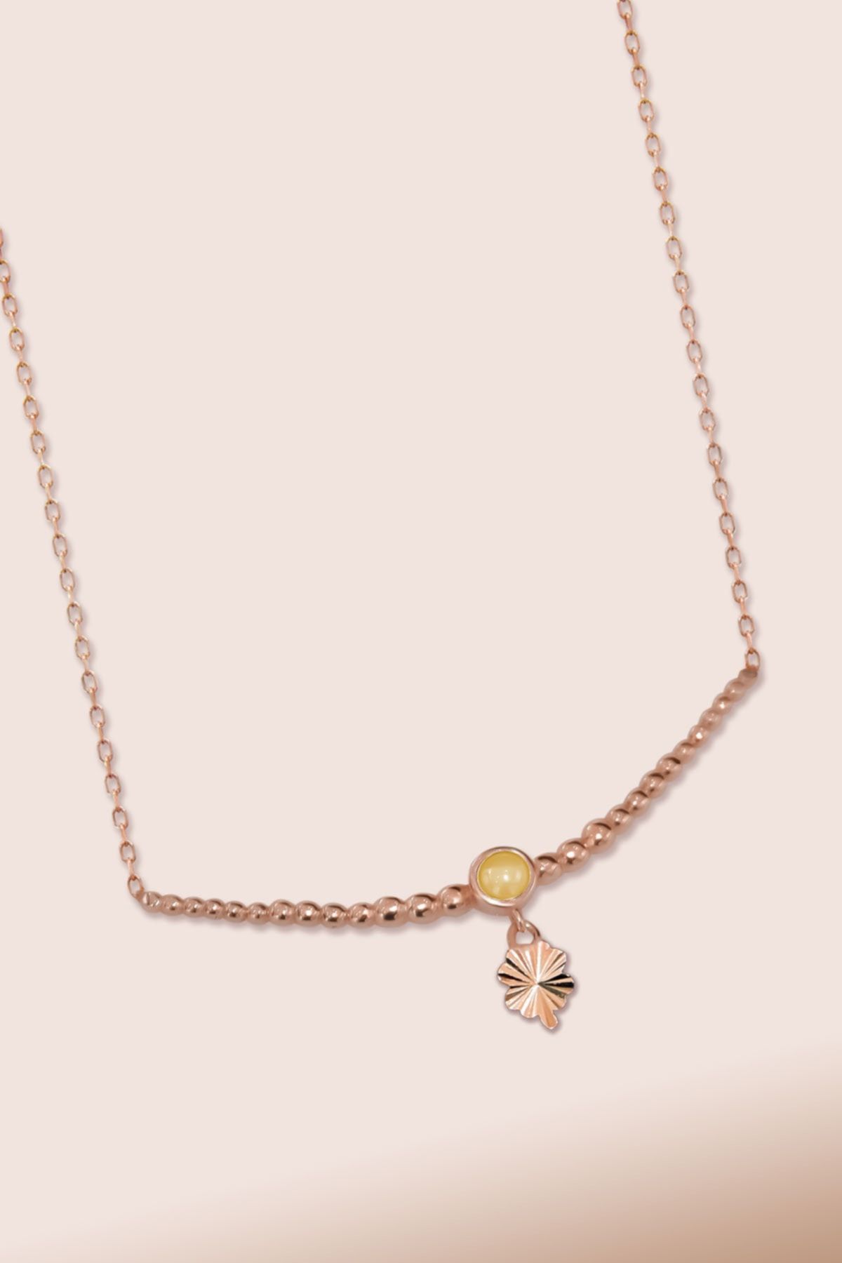 925 Ayar Gümüş Rose Kaplama Top Motifli Sarı Ay Taşı Kırlangıç Kolye