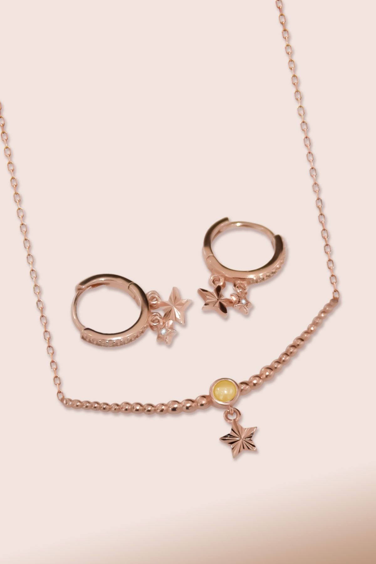 925 Ayar Gümüş Rose Kaplama Top Motifli Sarı Ay Taşı Yıldız Kolye Ve Küpe Set