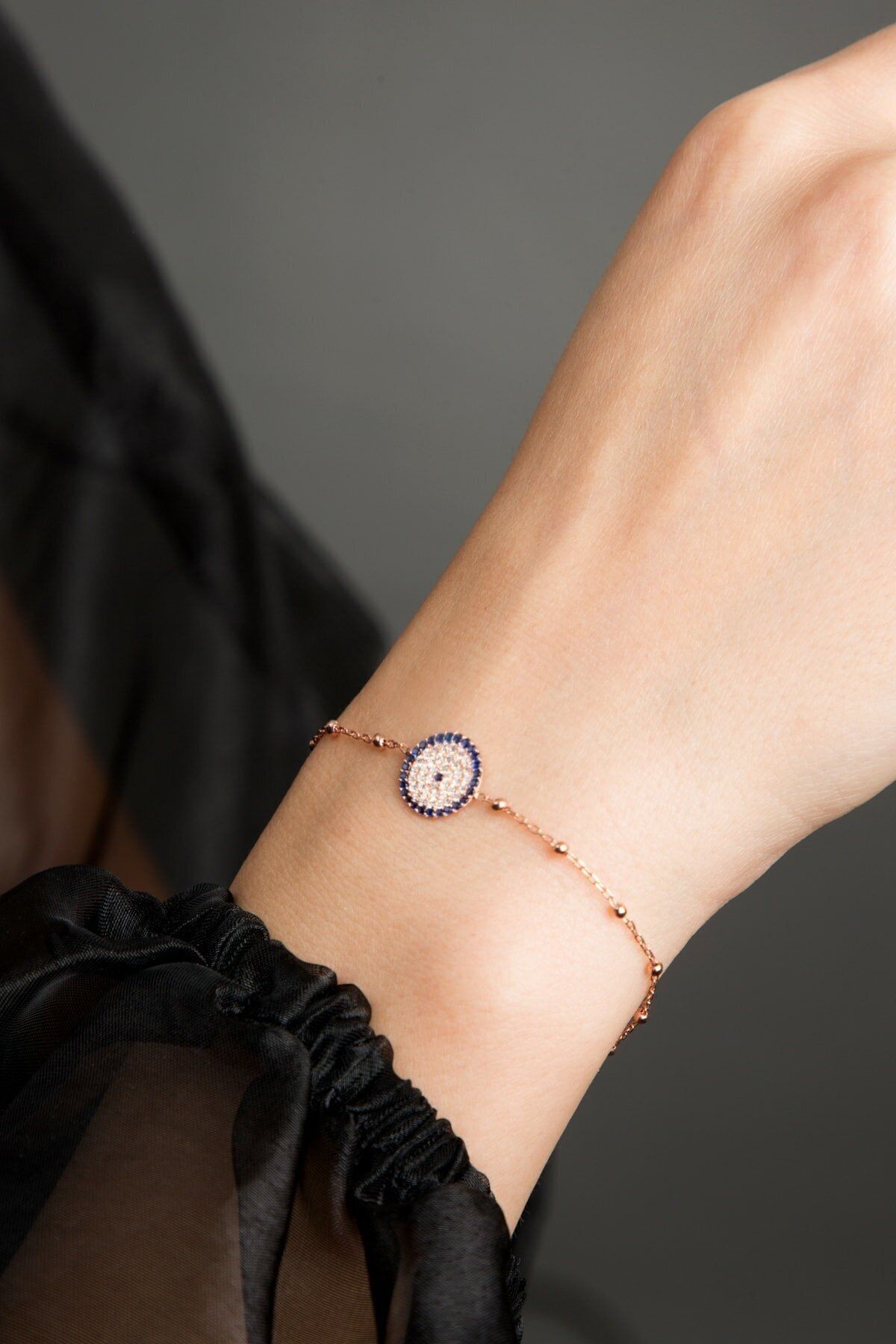 925 Ayar Gümüş Rose Kaplama Top Zincirli Nazar Kadın Bileklik