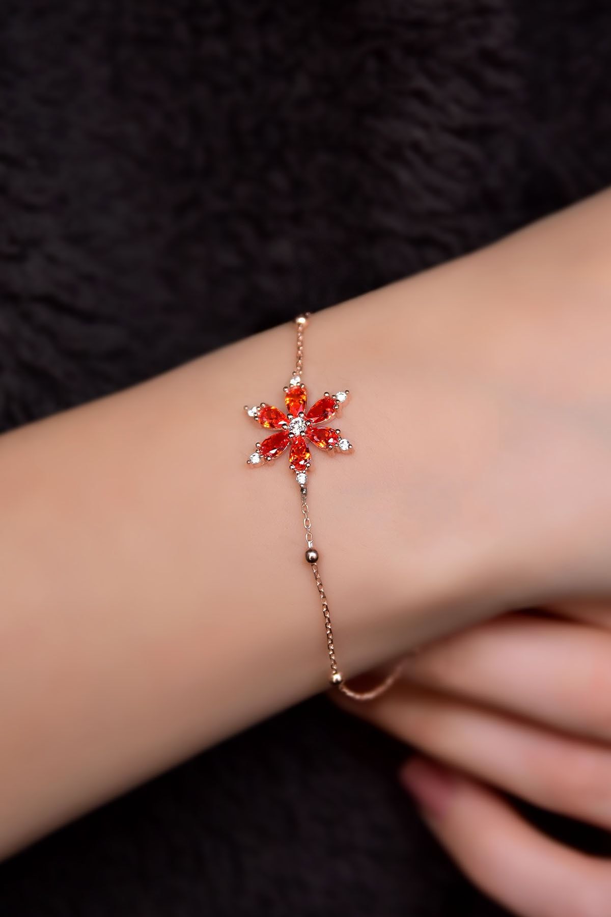 925 Ayar Gümüş Rose Kaplama Top Zincirli, Turuncu Kamelya Çiçeği Bileklik