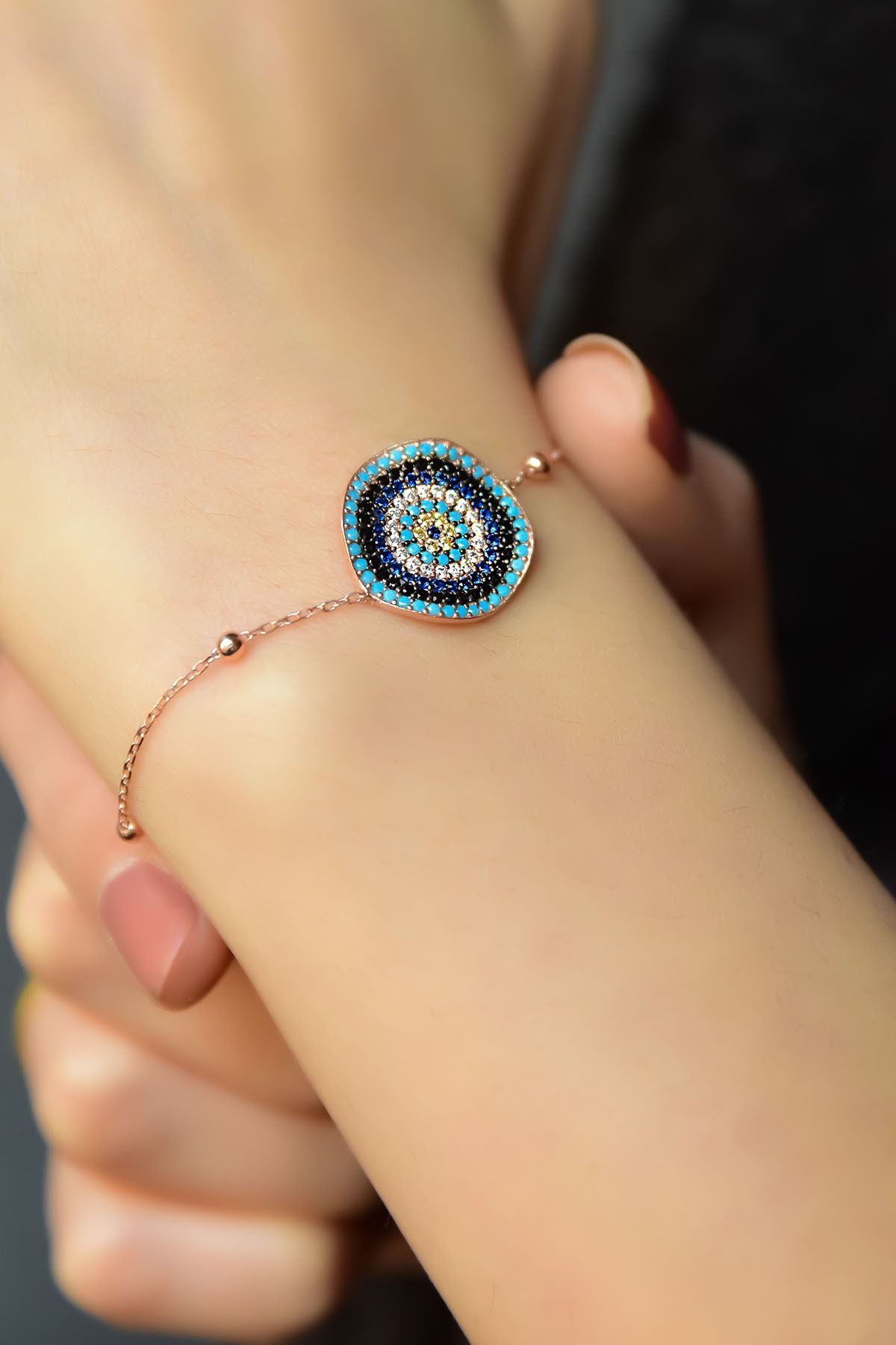 925 Ayar Gümüş Rose Kaplama Top Zincirli, Zirkon Taşlı Dalgalı Nazar Bileklik