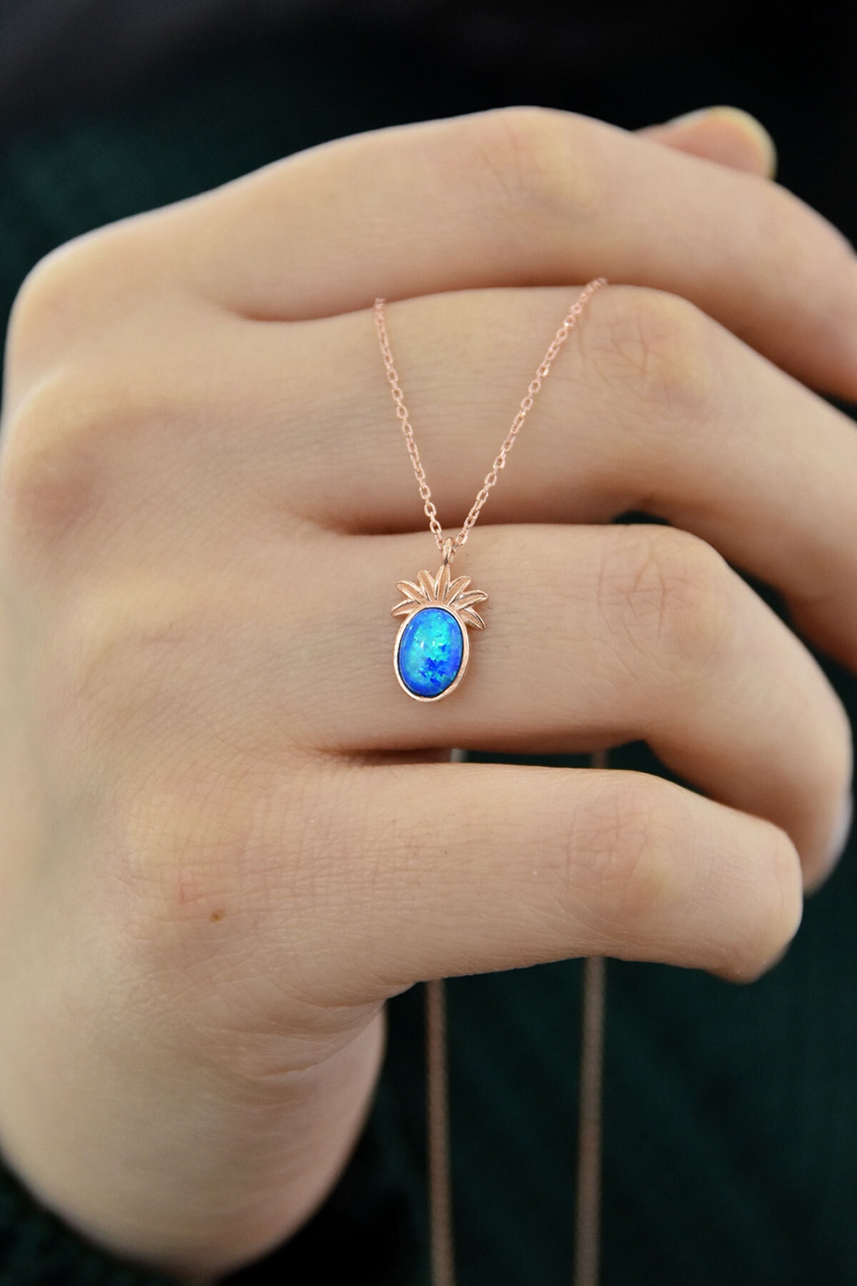 925 Ayar Gümüş Rose Kaplama Turkuaz Opal Taşlı Ananas Kolye