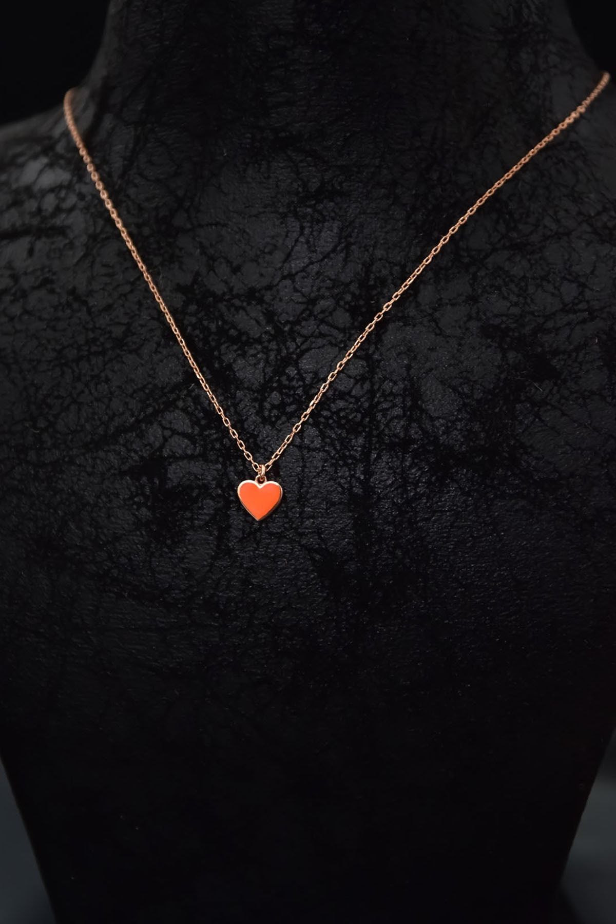 925 Ayar Gümüş Rose Kaplama Turuncu Mineli Minimal Kalp Kolye