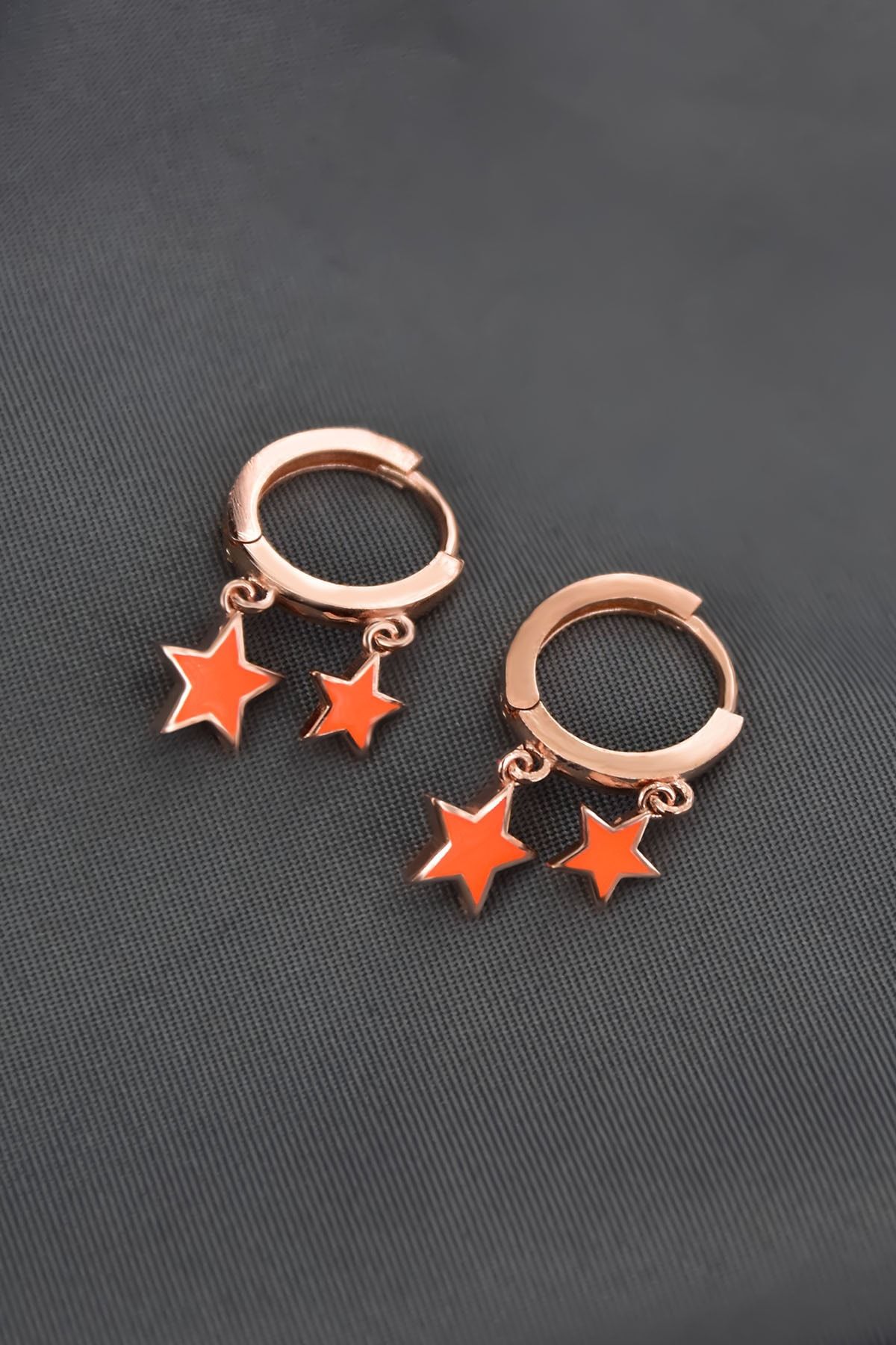 925 Ayar Gümüş Rose Kaplama Turuncu Mineli Yıldız Halka Küpe