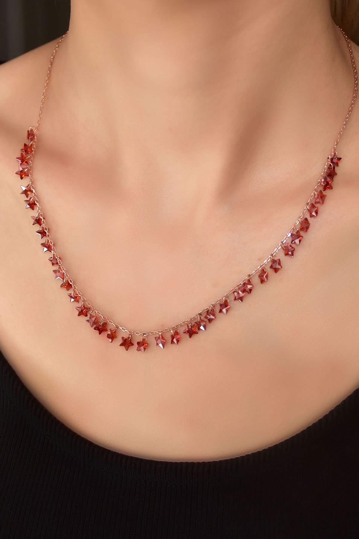 925 Ayar Gümüş Rose Kaplama Turuncu Zirkon Taşlı Yıldız Kolye