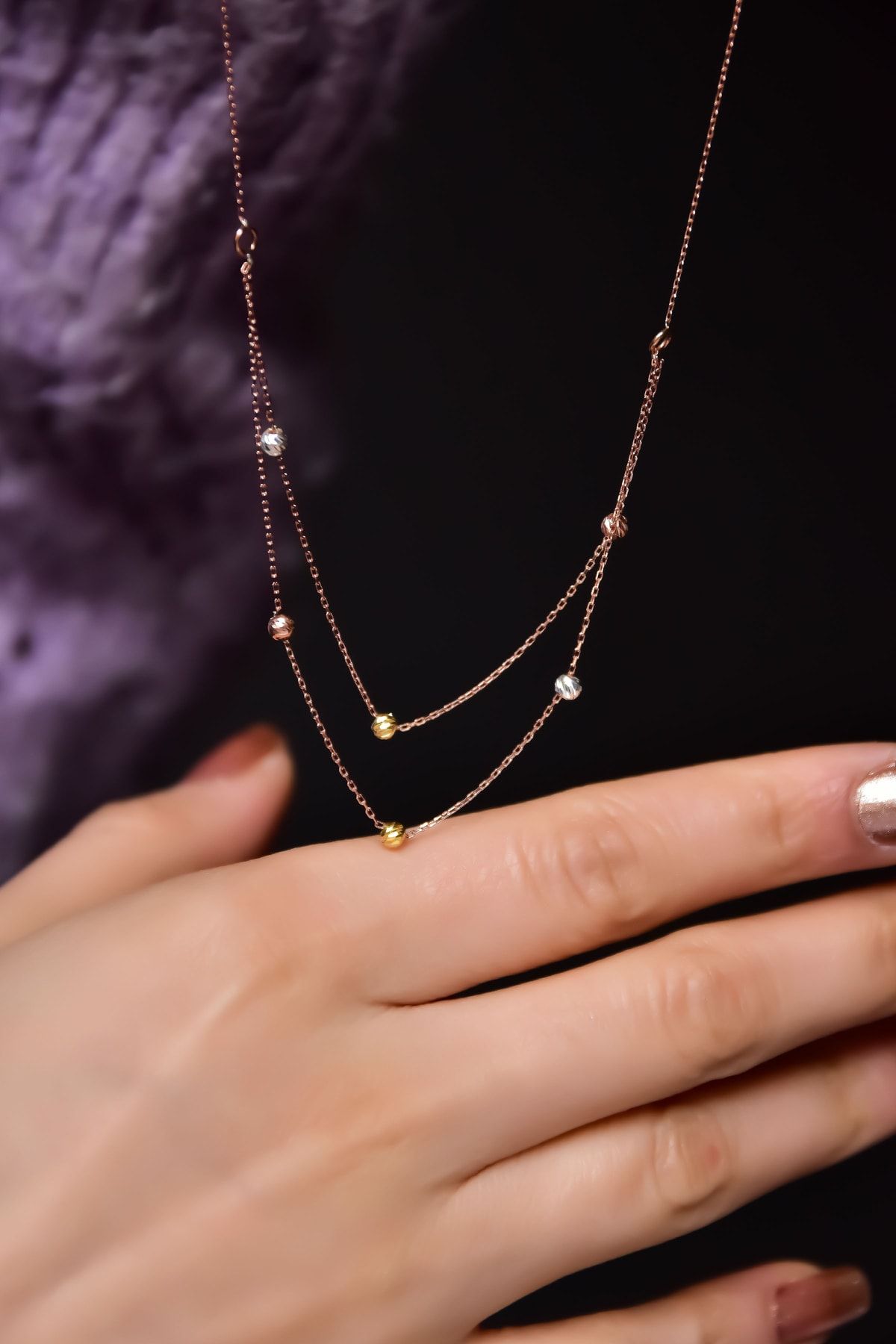 925 Ayar Gümüş Rose Kaplama Üç Renk Dorika Toplu Halkalı Çift Zincir Kolye