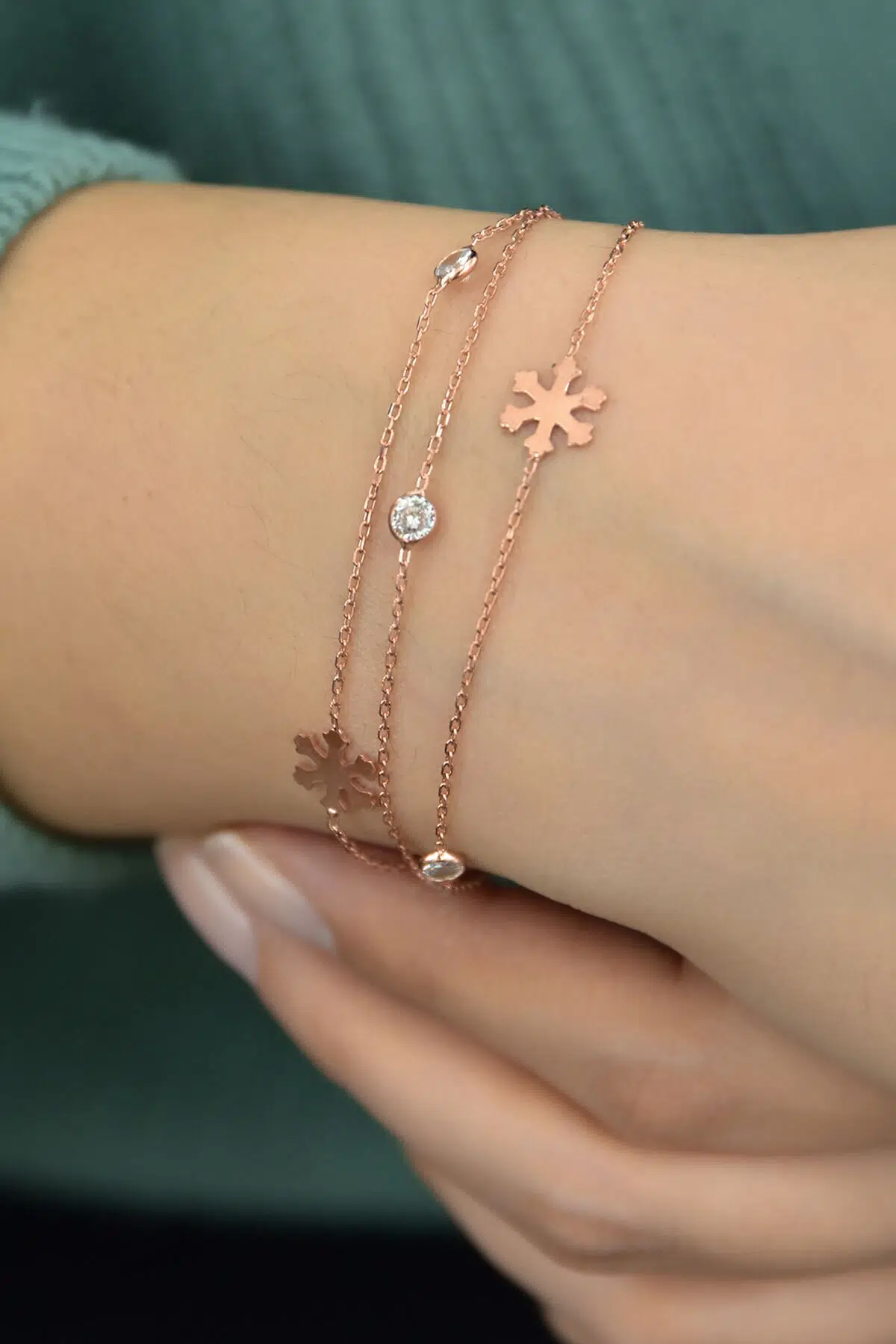 925 Ayar Gümüş Üç Zincirli Kar Tanesi Bileklik.rose.gold.rodaj