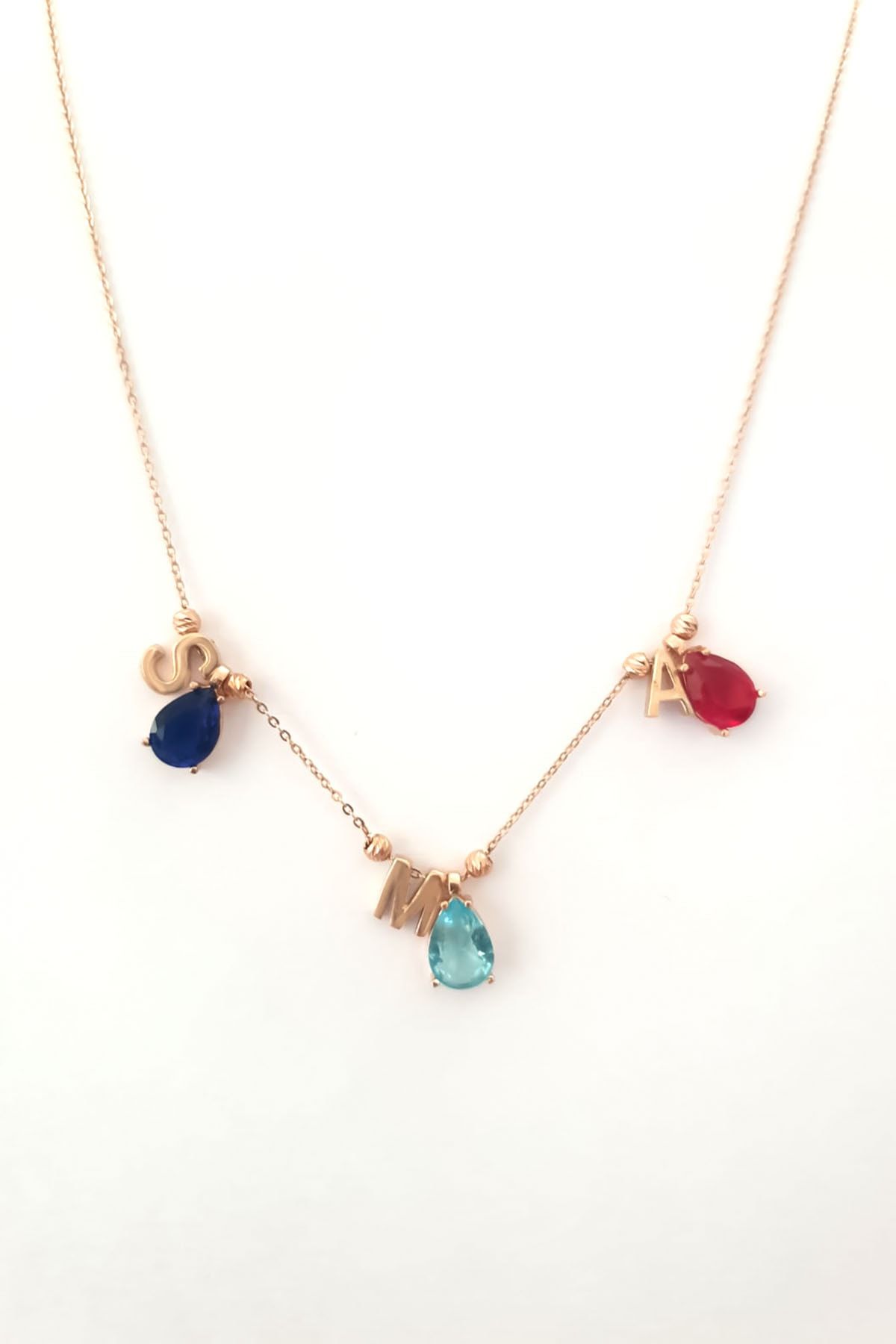 925 Ayar Gümüş Rose Kaplama Üçlü Damla Doğum Ayı Dorika Toplu , Harfli Kolye