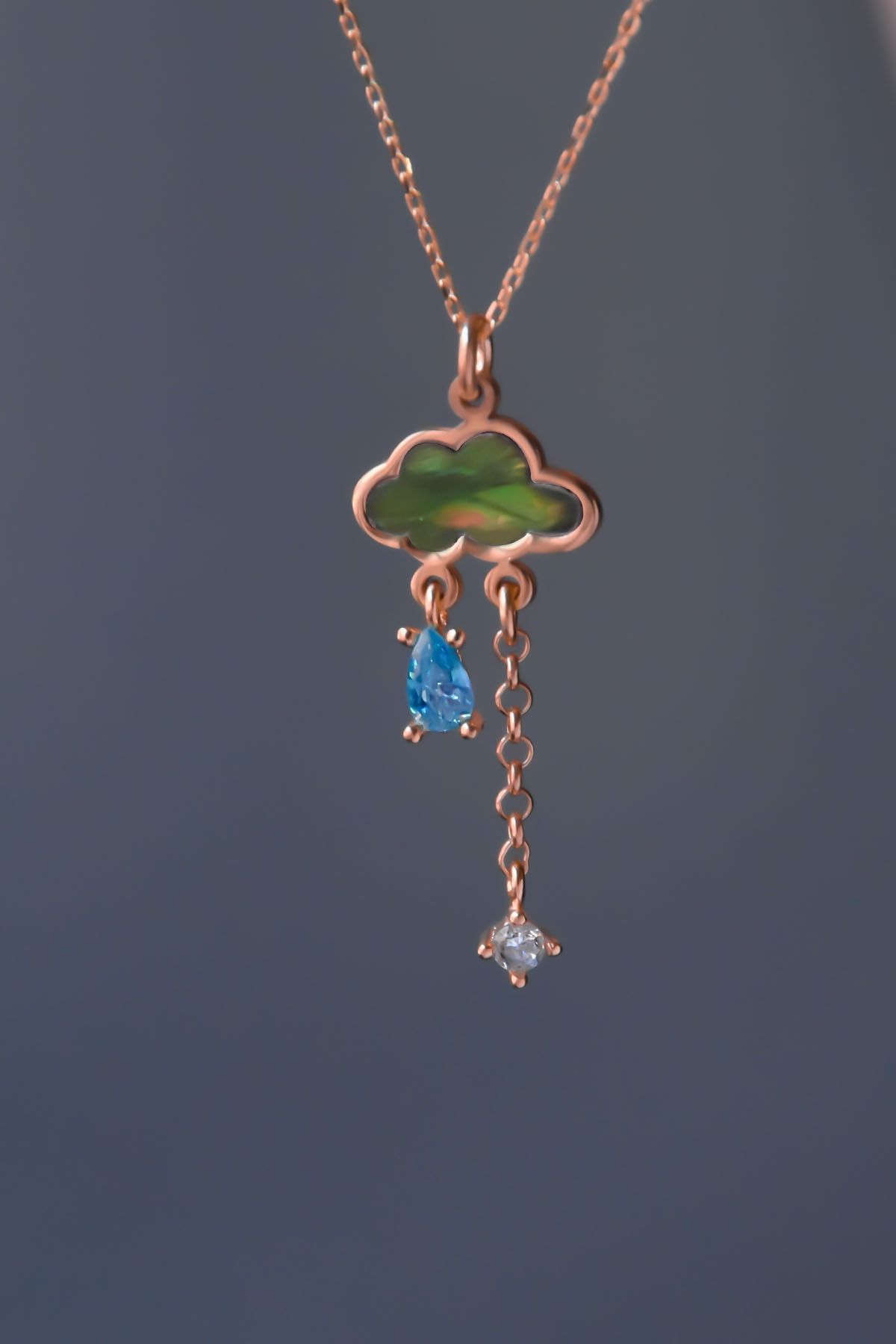 925 Ayar Gümüş Rose Kaplama Yeşil Sedef Taşlı Yağmur Bulut Kolye