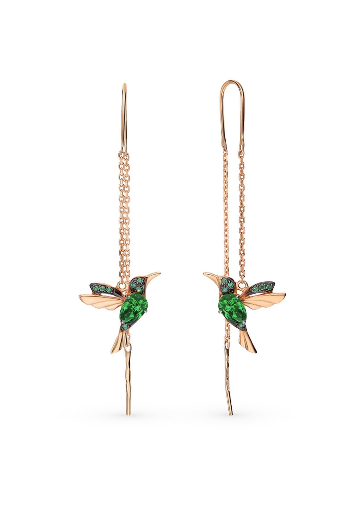 925 Ayar Gümüş Rose Kaplama Yeşil Taşlı Sallantılı Kuş Küpe