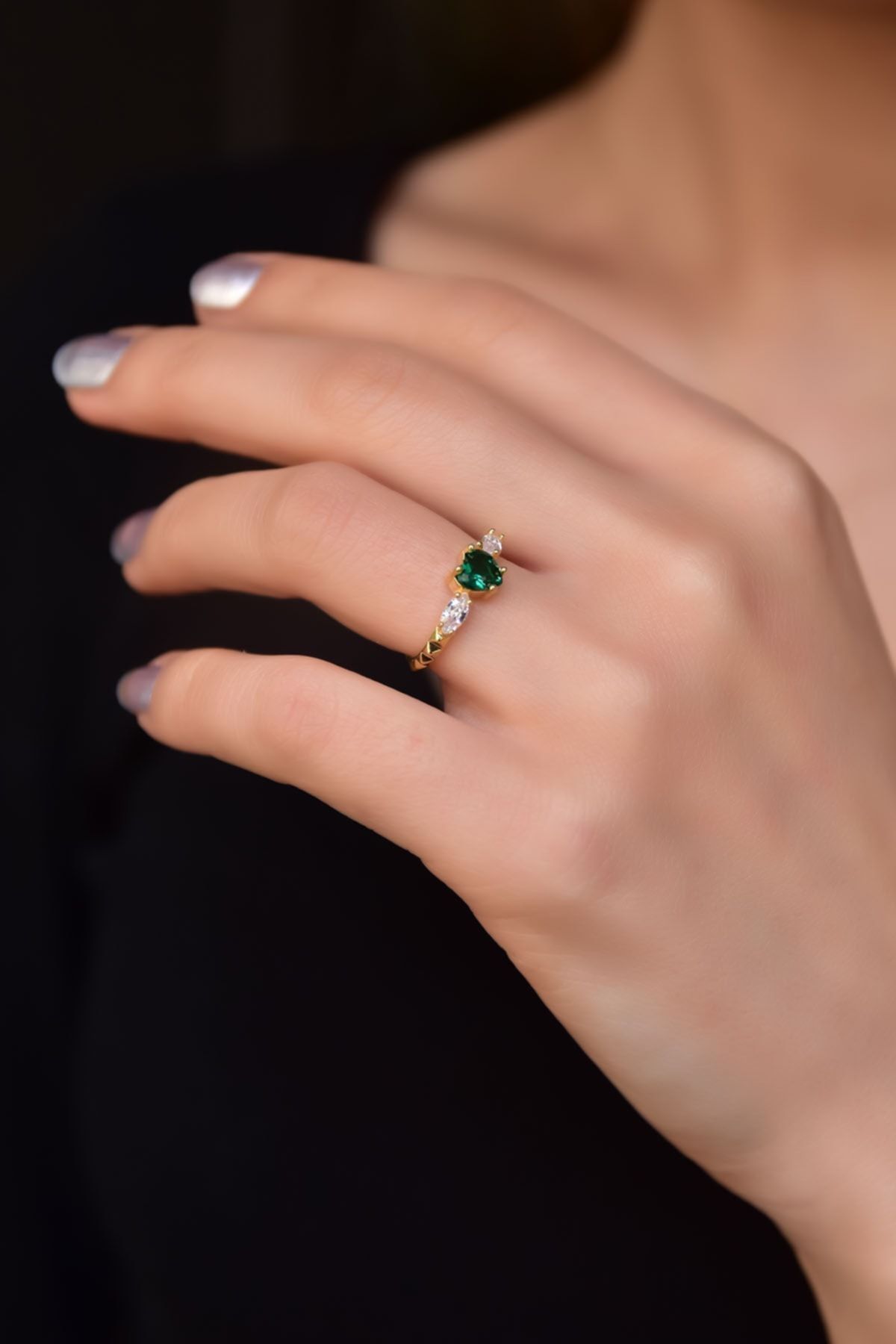 925 Ayar Gümüş Rose Kaplama Yeşim Renkli Kalp Ayarlanabilir Prenses Yüzük