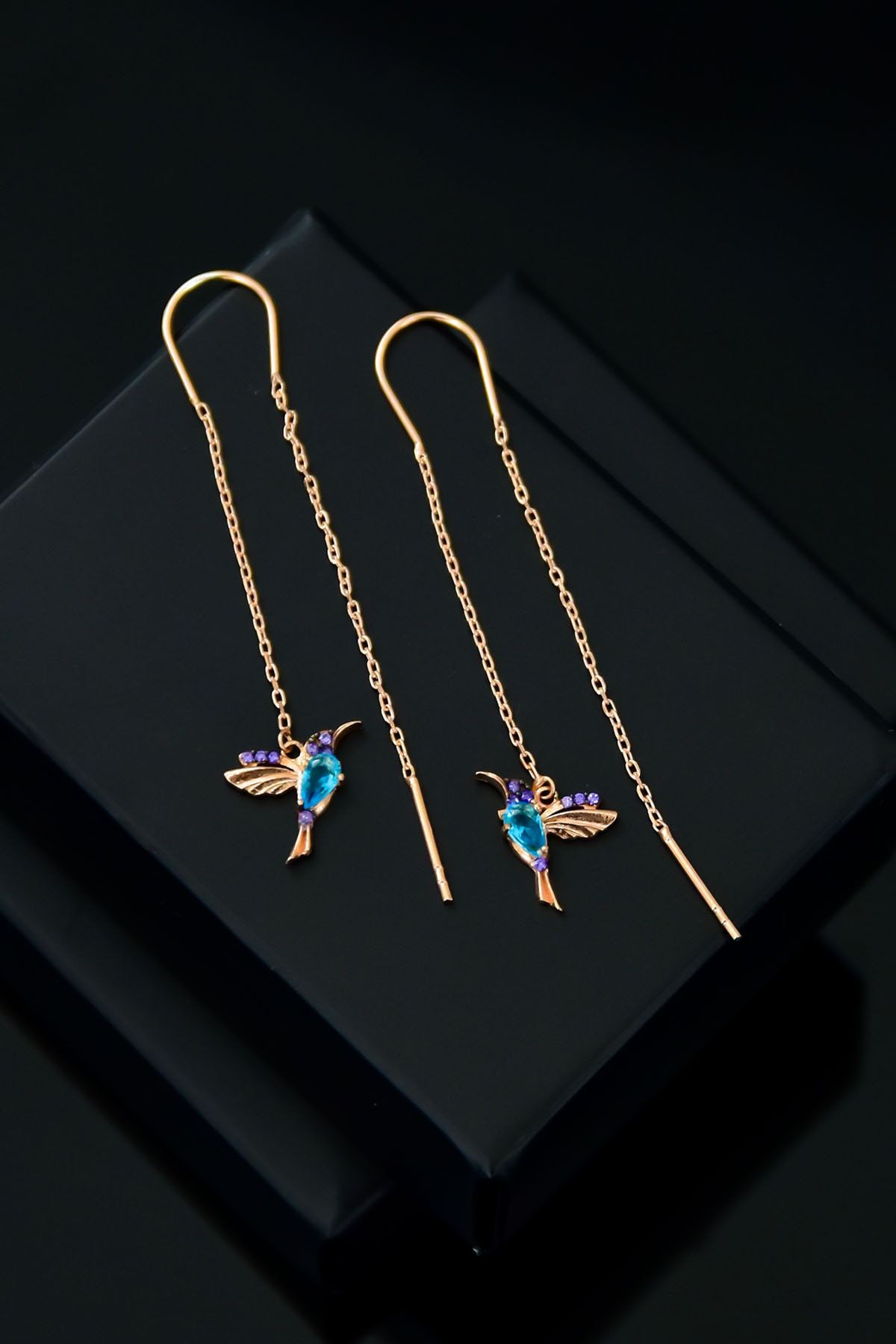 925 Ayar Gümüş Rose Kaplama Zincirli Telli Kuş Küpe