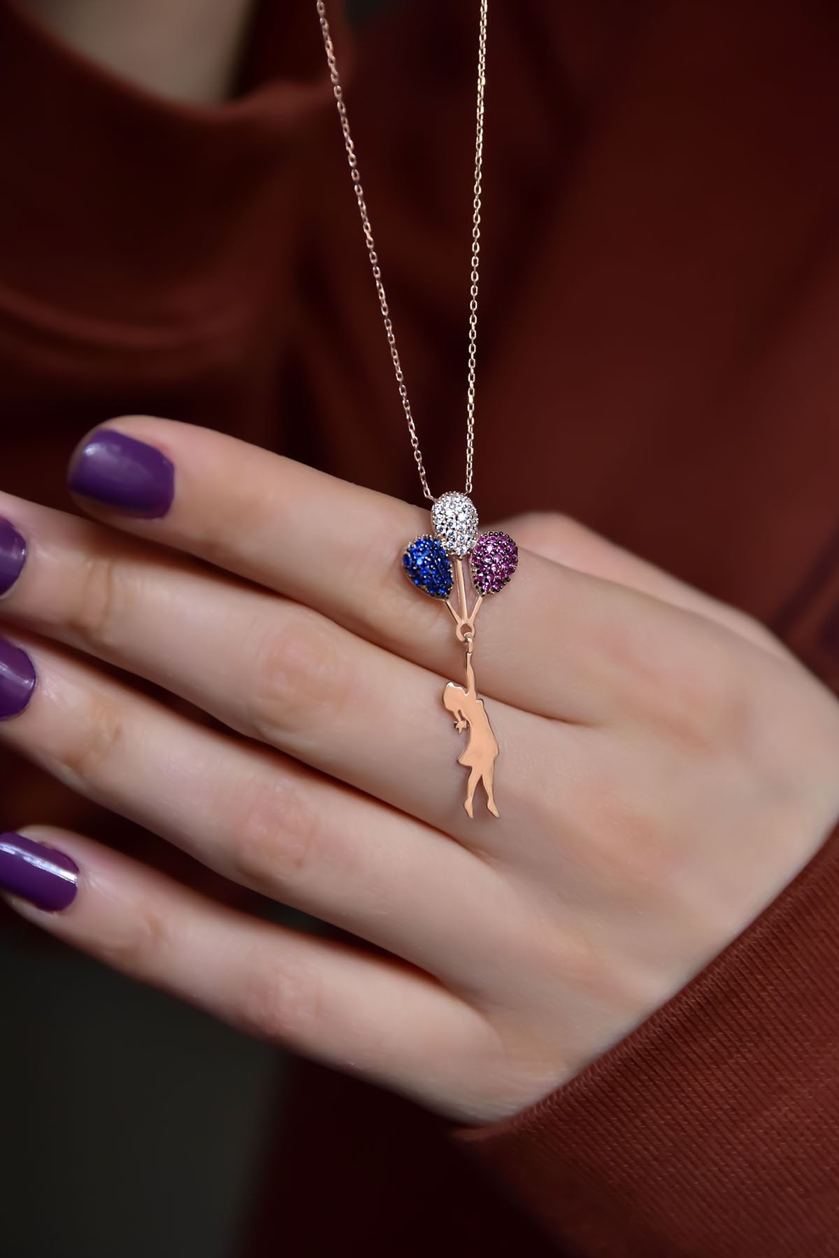 925 Ayar Gümüş Rose Kaplama Zirkon Renkli Taşlı Balon Kız Kolye