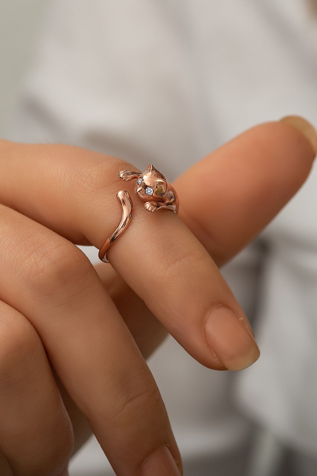 925 Ayar Gümüş Rose Kaplama Zirkon Taş Gözlü Kedi Yüzük