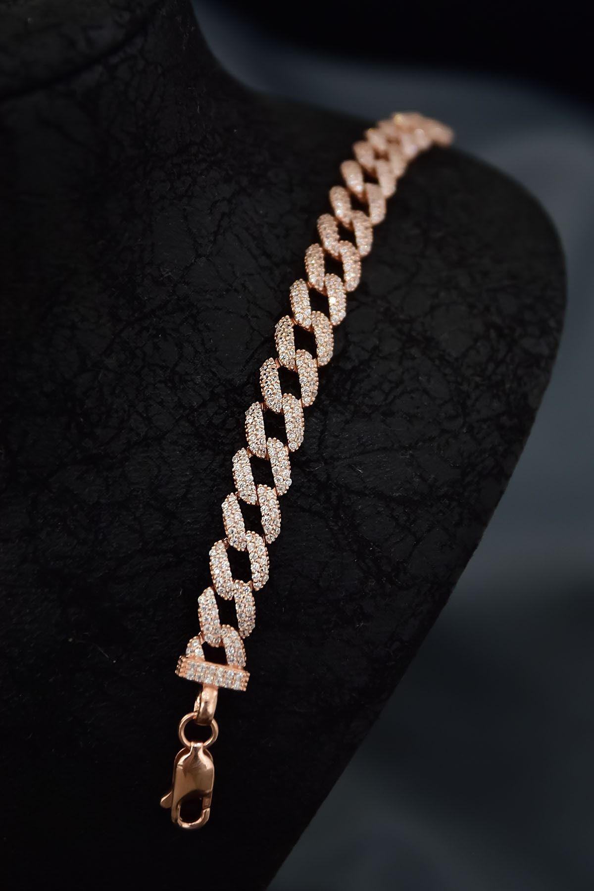 925 Ayar Gümüş Rose Kaplama Zirkon Taşlı Gurmet Zincir Bileklik