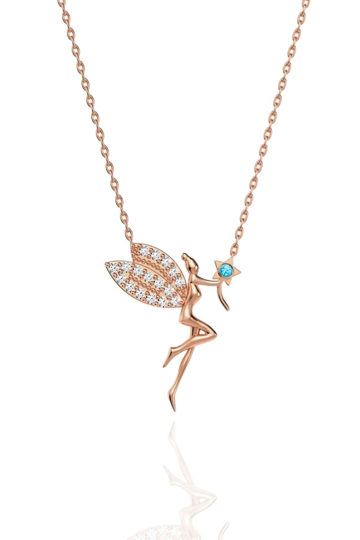 925 Ayar Gümüş Rose Kaplama Zirkon Taşlı Mavi Yıldız Su Perisi Kolye