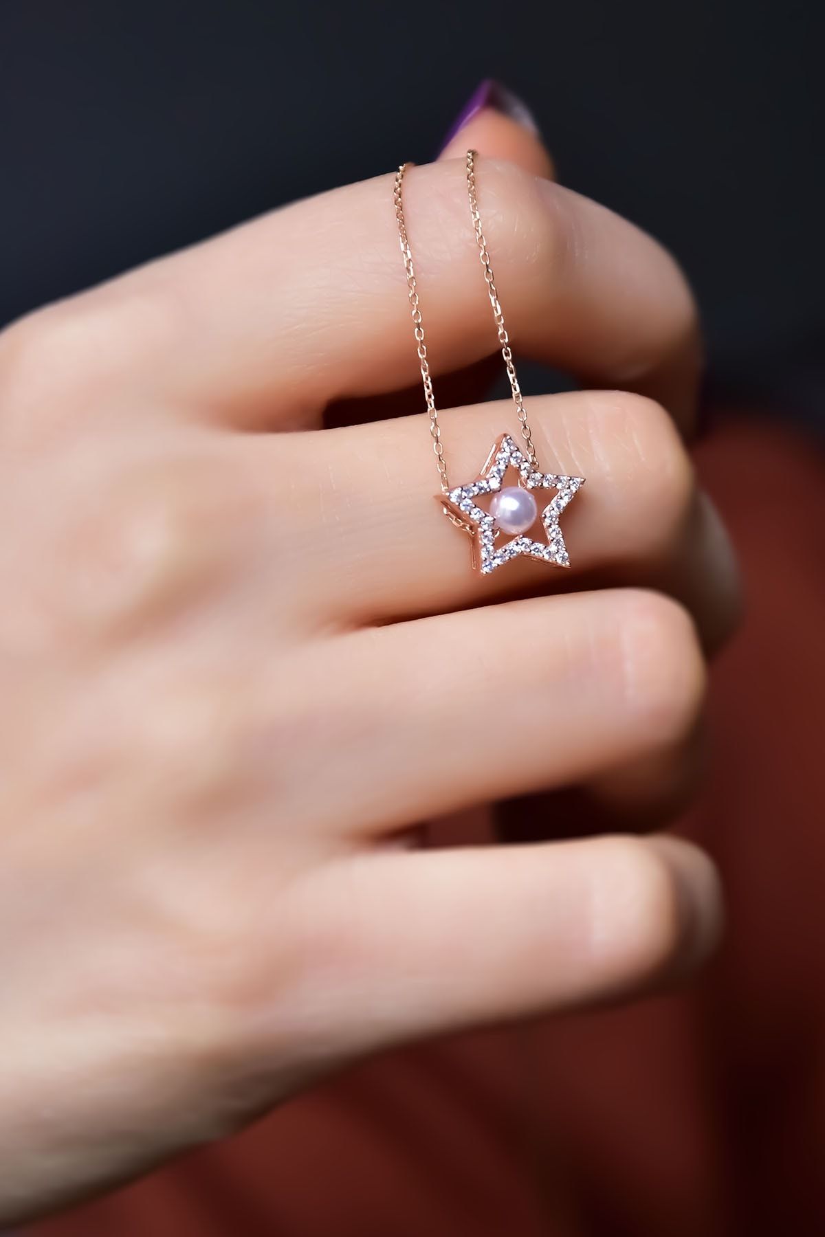 925 Ayar Gümüş Rose Kaplama Zirkon Taşlı Montür Incili Yıldız Kolye