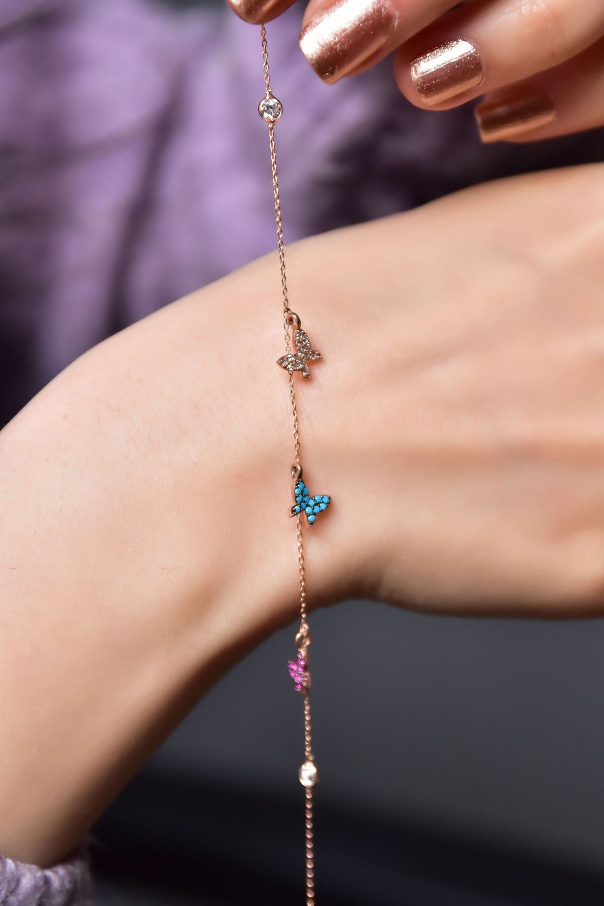 925 Ayar Gümüş Rose Kaplama Zirkon Taşlı Sıralı Mix Kelebek Bileklik