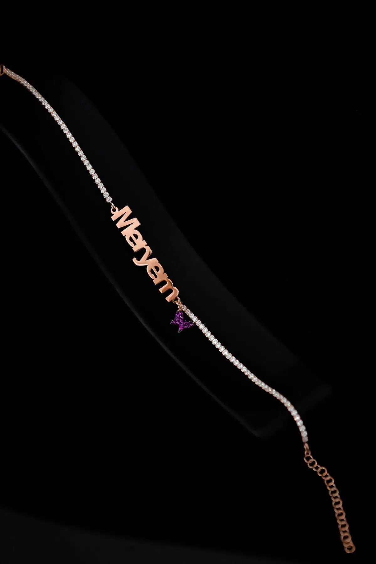 925 Ayar Gümüş Rose Kaplama Zirkon Taşlı Su Yolu, Fuşya Kelebekli Isimli Bileklik