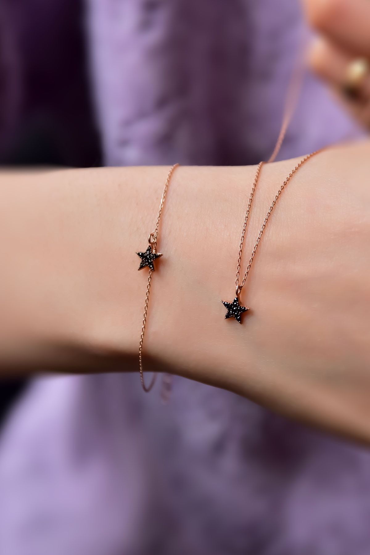 925 Ayar Gümüş Rose Kaplama Zirkon Taşlı Yıldız Kolye Ve Bileklik Set