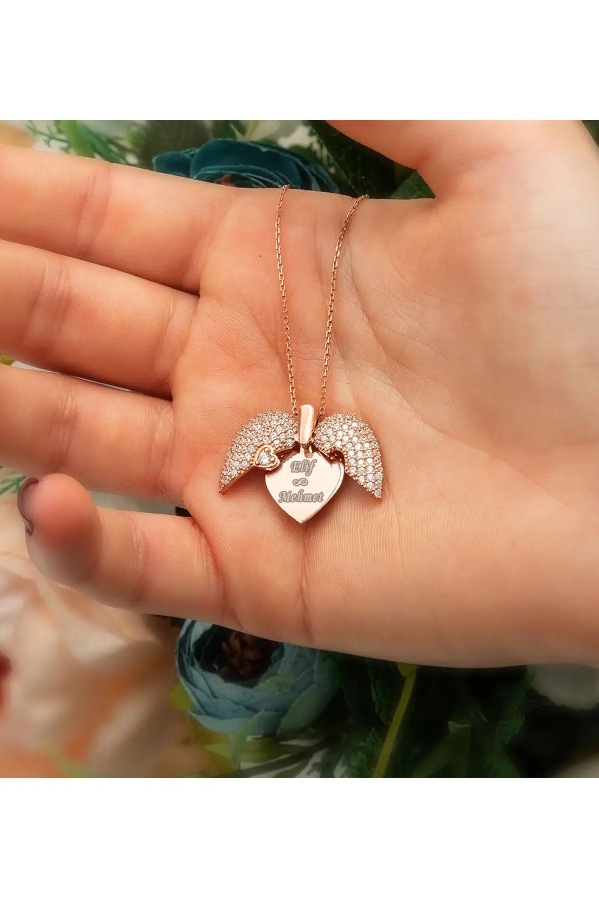 925 Ayar Gümüş Doğum Taşlı Açılır Kapanır İsimli Kanat Kolye.rose.gold.rodaj