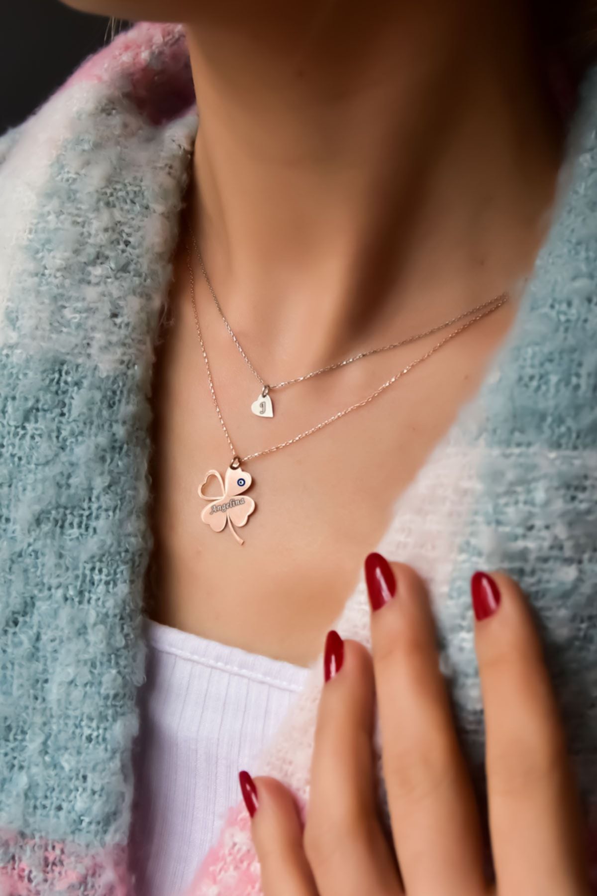 925 Ayar Gümüş Rose Rodyum Kaplama Asansörlü Isimli Mineli Nazar Kalp Ve Şans Yonca Kolye