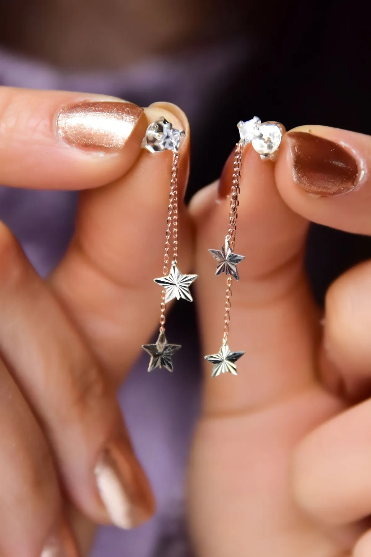 925 Ayar Gümüş Rose-Rodyum Kaplama Kalemli Çift Zincir Yıldız Küpe