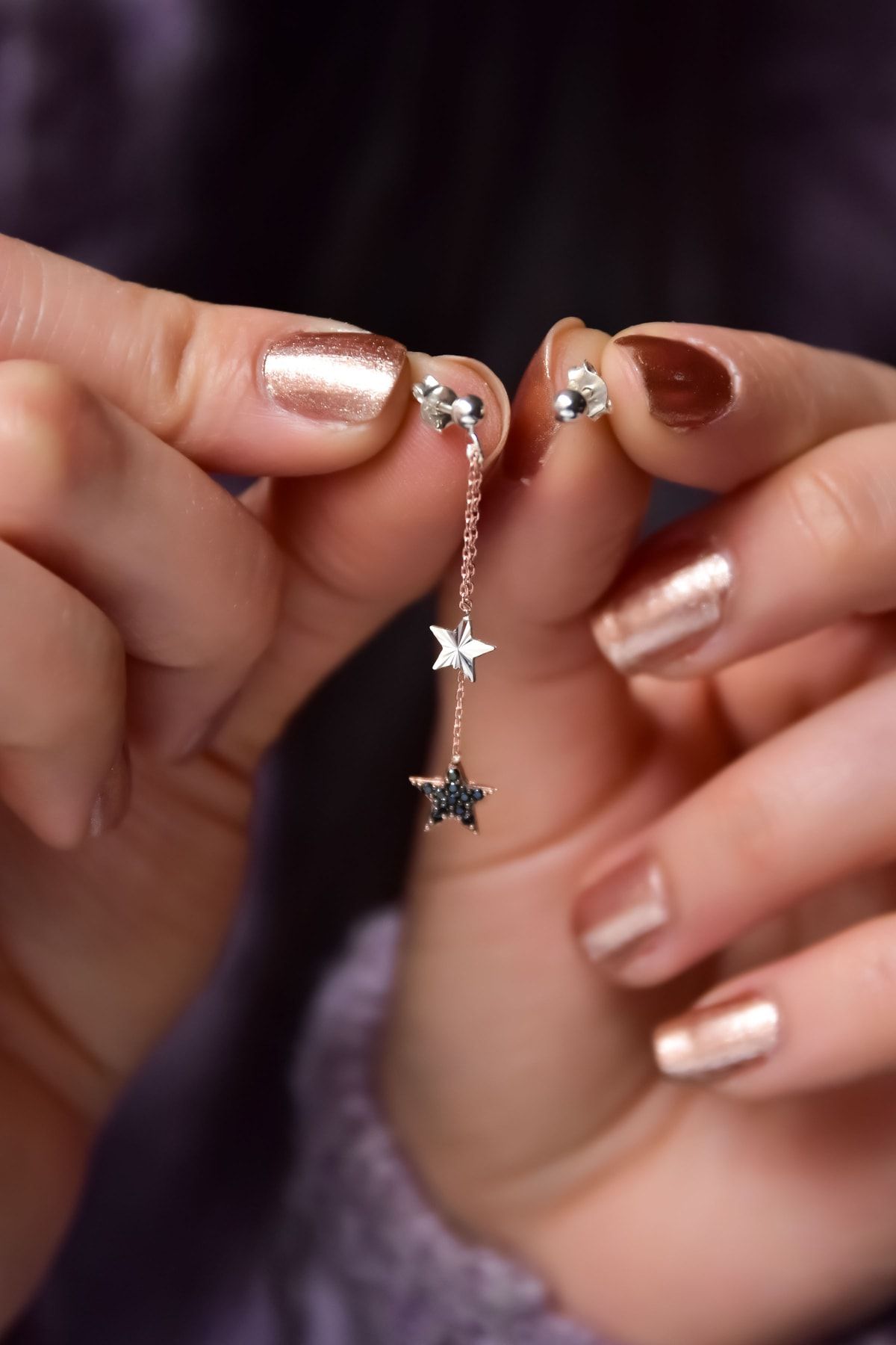 925 Ayar Gümüş Rose-rodyum Kaplama Kalemli Ve Zirkon Taşlı Çift Yıldız Ve Top Küpe