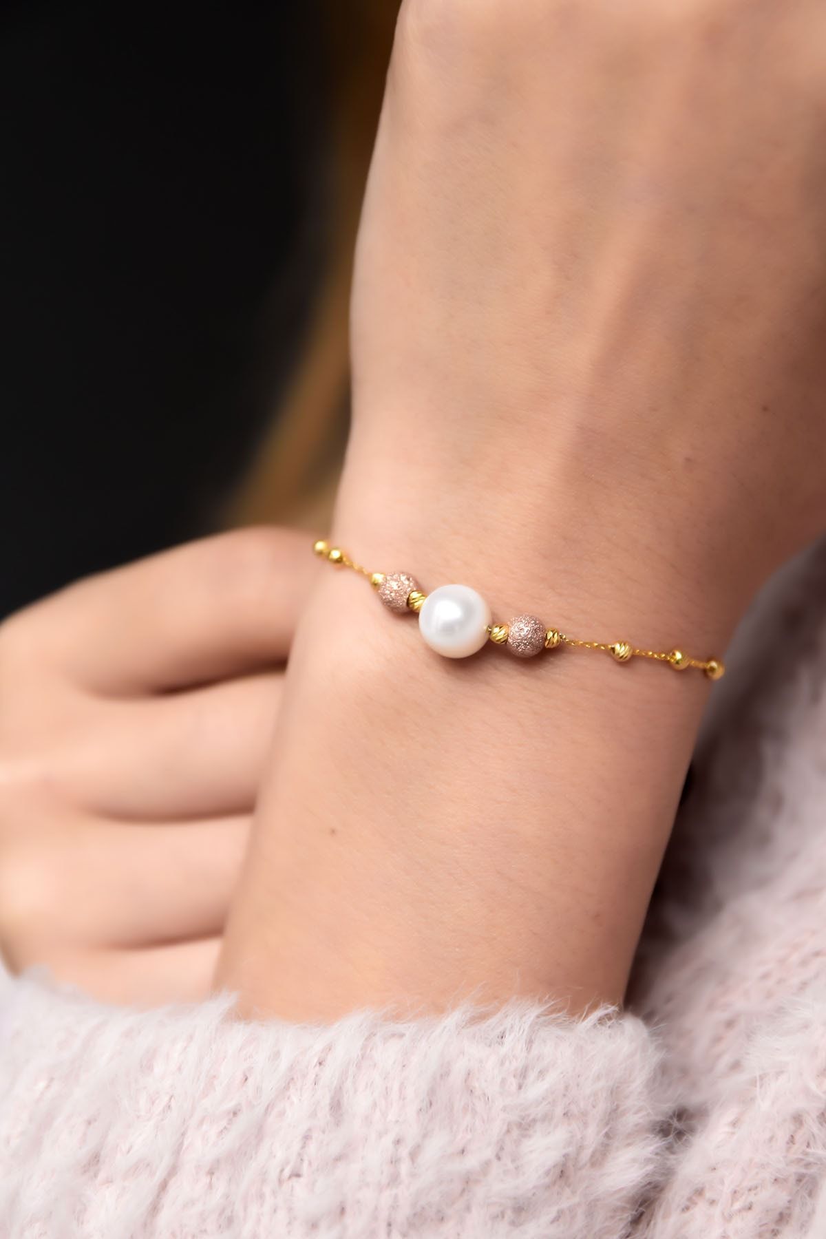 925 Ayar Gümüş Rose Sim Toplu Altın Dorika Toplu Inci Kadın Bileklik