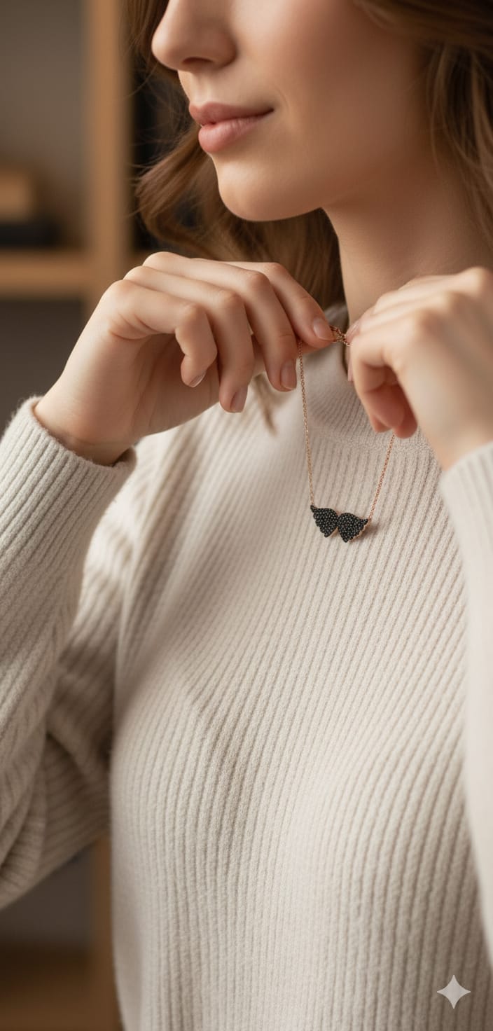 925 Ayar Gümüş Siyah Taşlı Kanat Kolye.rose,gold,rodaj