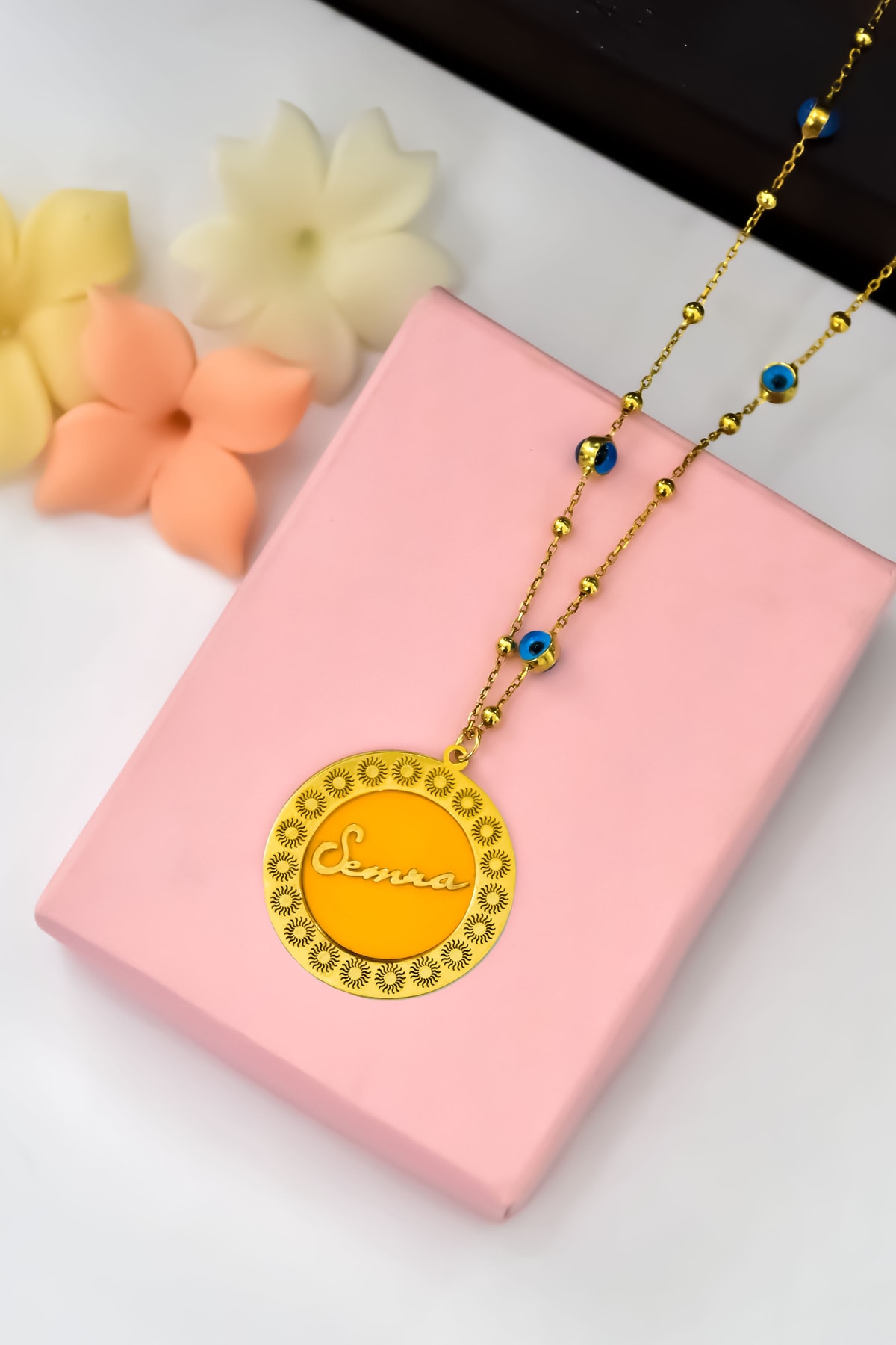 925 Ayar Gümüş Rüya Serisi Cam Boyalı Güneş Desenli Isimli Cam Göz Zincirli Kolye