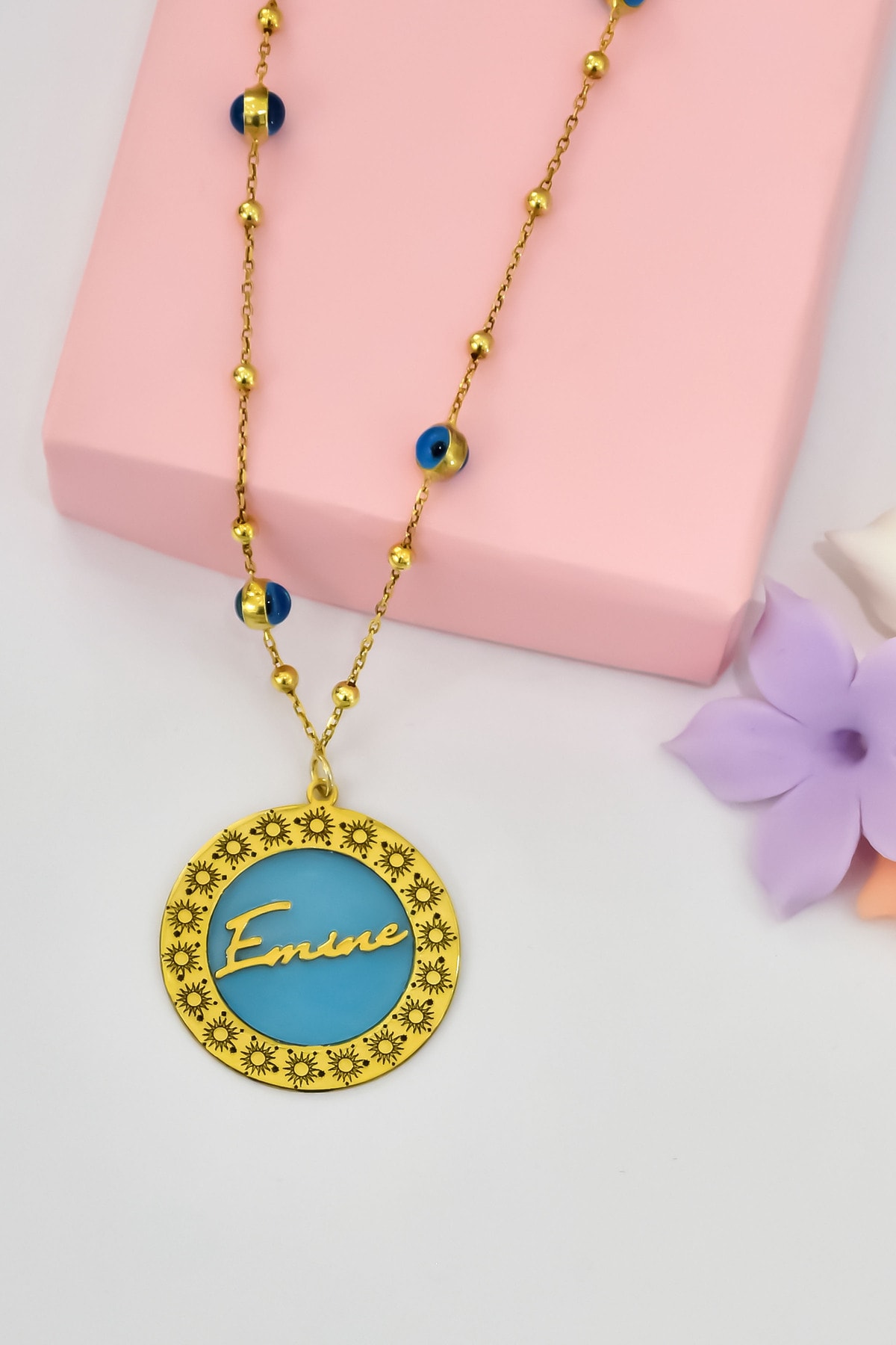 925 Ayar Gümüş Rüya Serisi Isimli Hayat Işığı Kaynağım , Güneş Çerçeveli Cam Göz Zincir Kolye