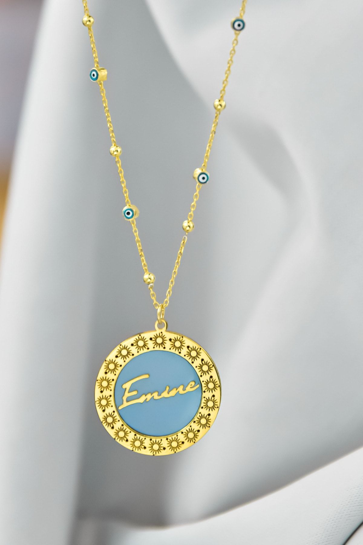 925 Ayar Gümüş Rüya Serisi İsimli Hayat Işığı Kaynağım, Güneş Çerçeveli Firuze Göz Zincir Kolye