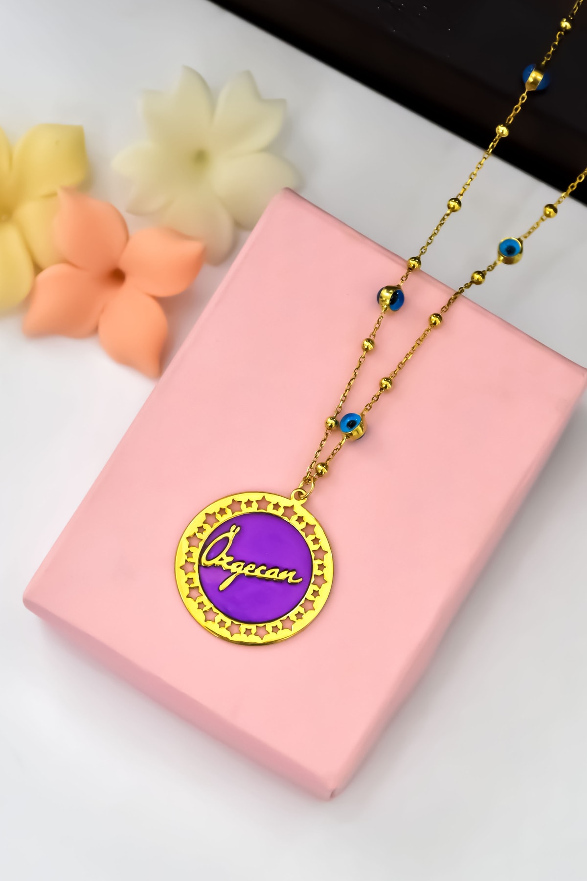 925 Ayar Gümüş Rüya Serisi Mor Cam Boyalı Yıldız Desenli Isimli Cam Göz Zincirli Kolye