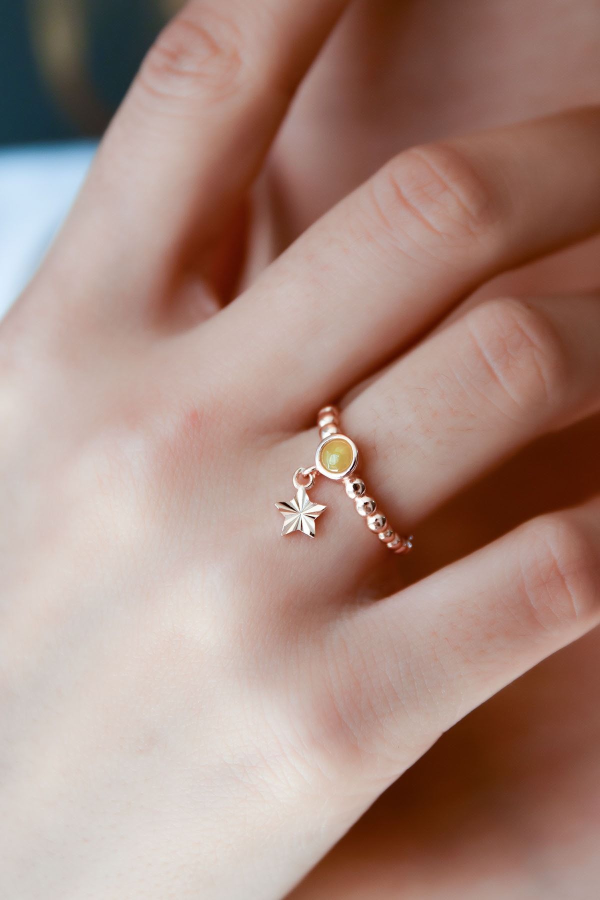 925 Ayar Gümüş Sarı Ay Taşlı Yıldız Motifli Ayarlanabilir Kadın Yüzük