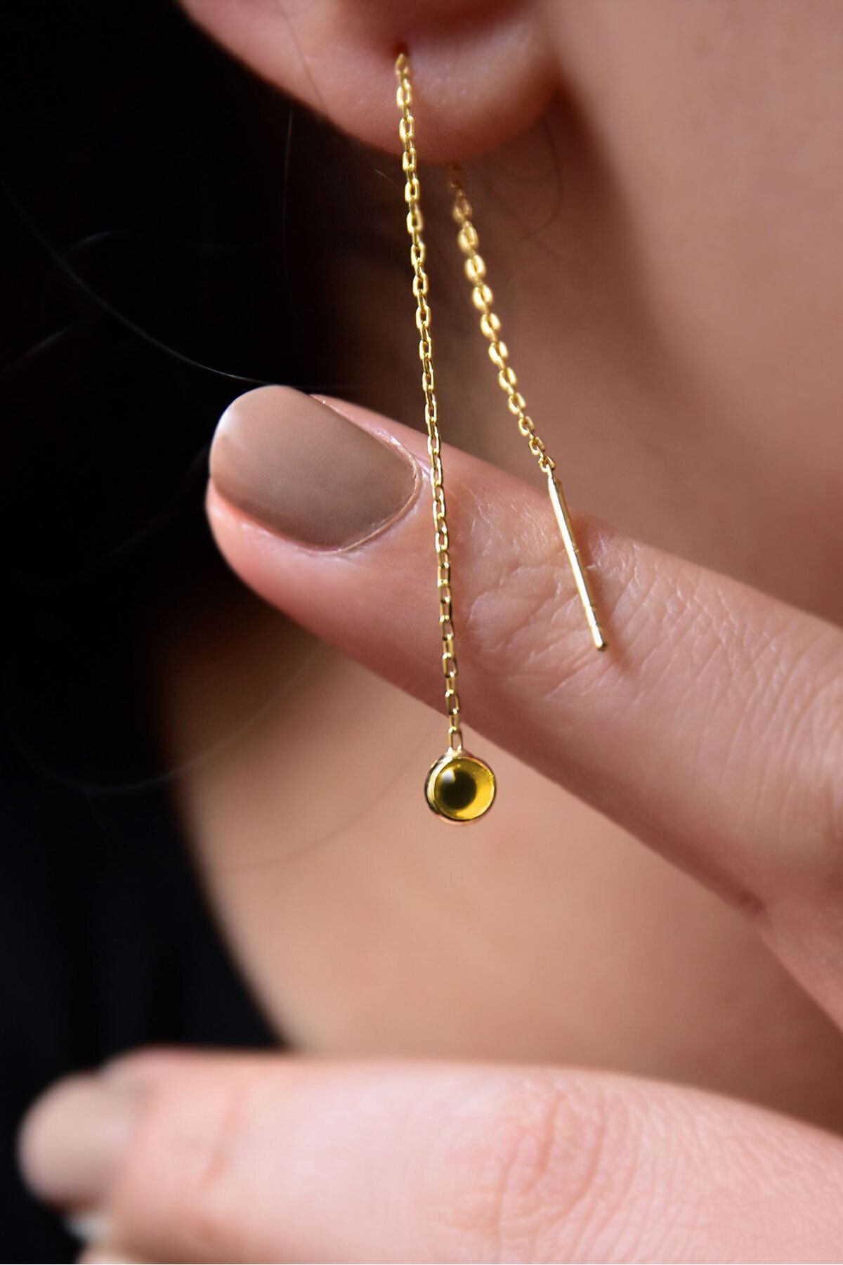 925 Ayar Gümüş Sarı Nazar Mineli Zincir Küpe