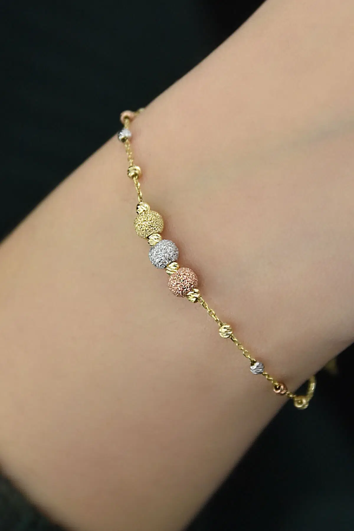 925 Ayar Gümüş Simli Dorika Kristal Top Bileklik Gold Rose Rodyum