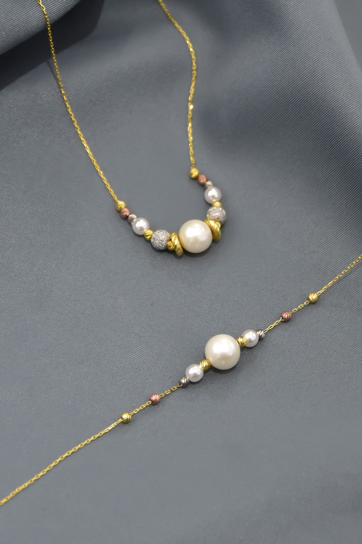 925 Ayar Gümüş Simli Üç Renkli Dorika Toplu Incili Kolye Bileklik Set