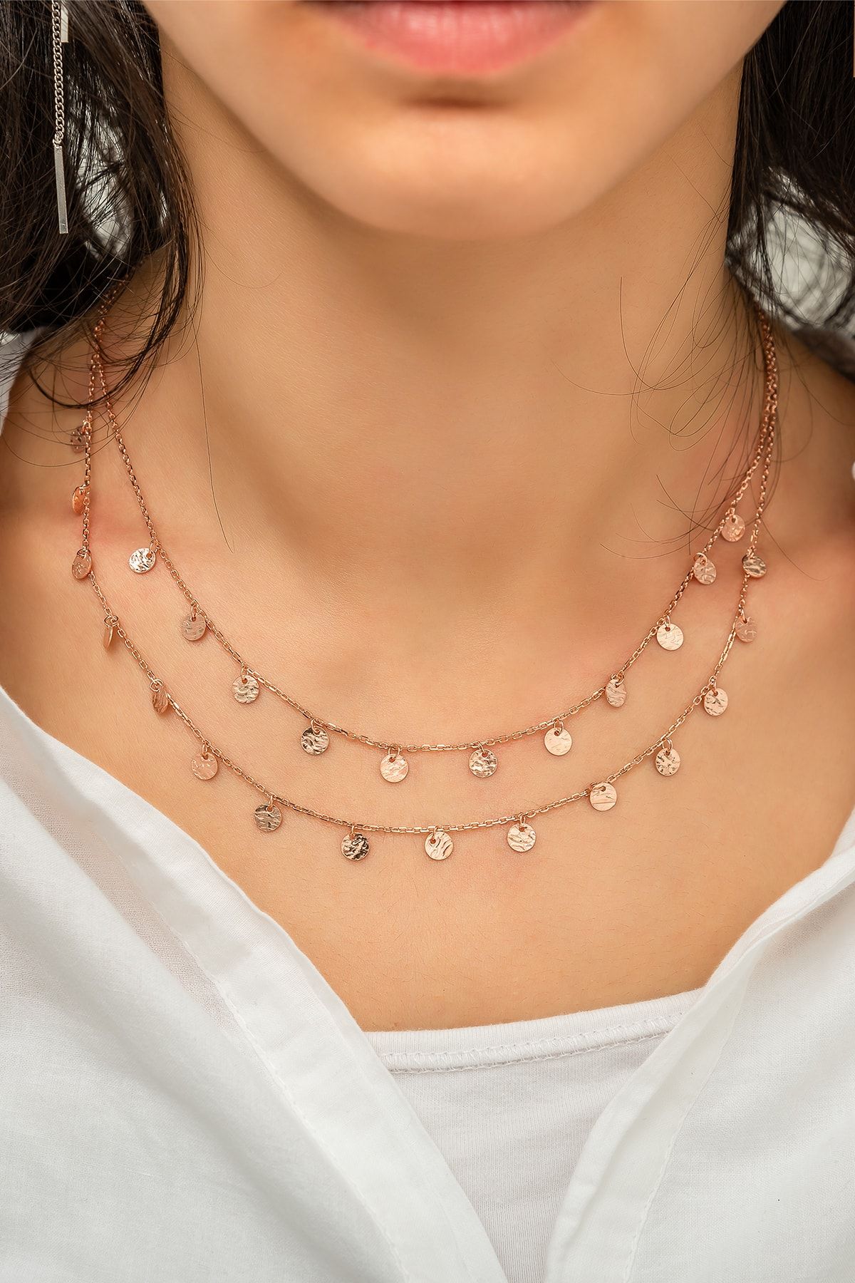 925 Ayar Gümüş Sıralı Çift Zincirli Pul Kolye