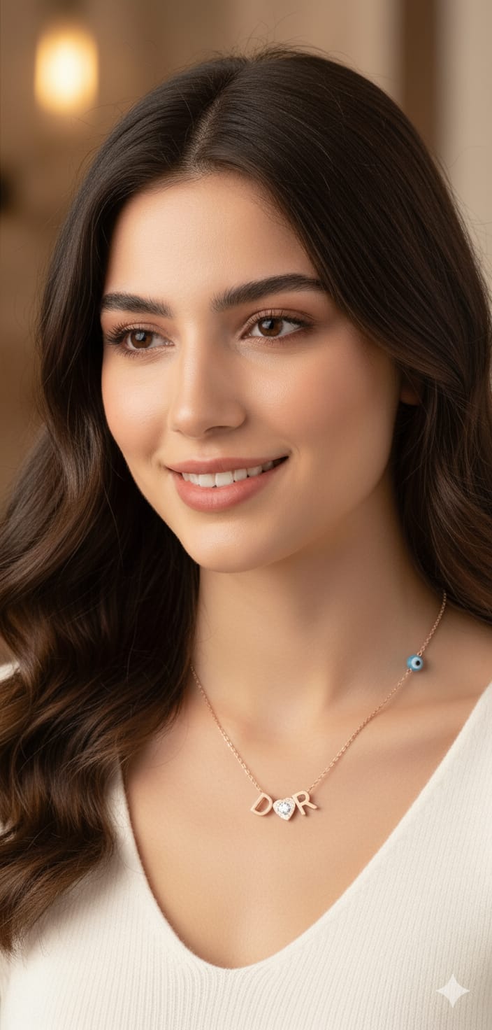 925 Ayar Gümüş Taşlı Kalp Gözlü Harf Kolye.rose.gold.rodaj