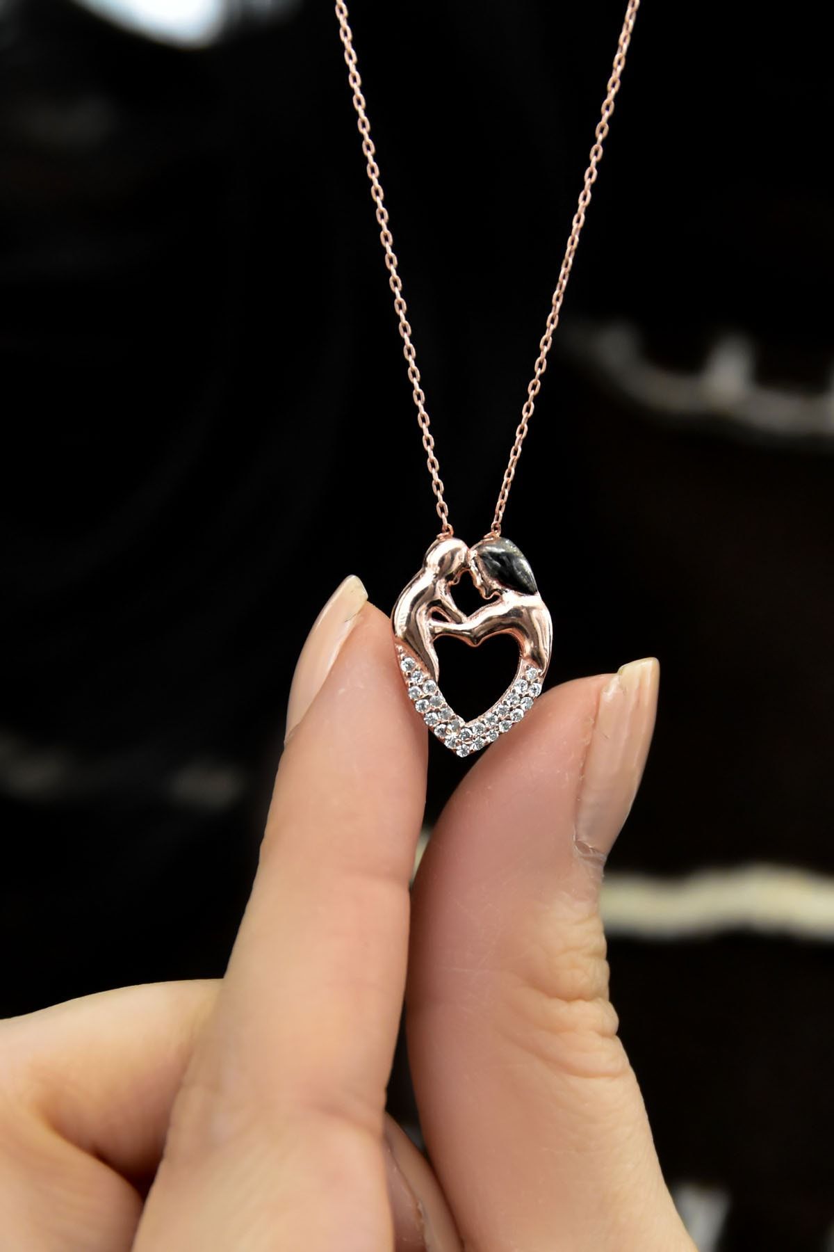 925 Ayar Gümüş Taşlı Kalp Sarmalı Anne Çocuk Kadın Kolye